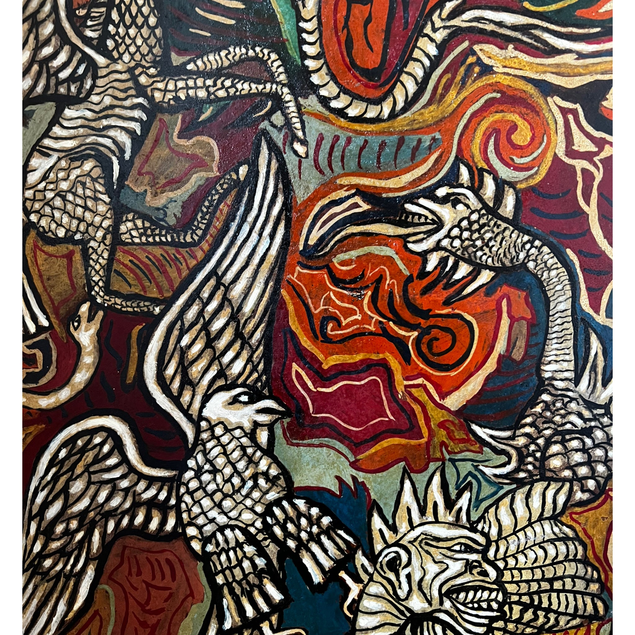 wall art
vibrant
Snakes
Plumes
Painting
Mid century
Large art
italy
italian
Home
eagles
E. Cocco
dragons
Colorful
birds
Art
acrylic painting
1950s
serpent