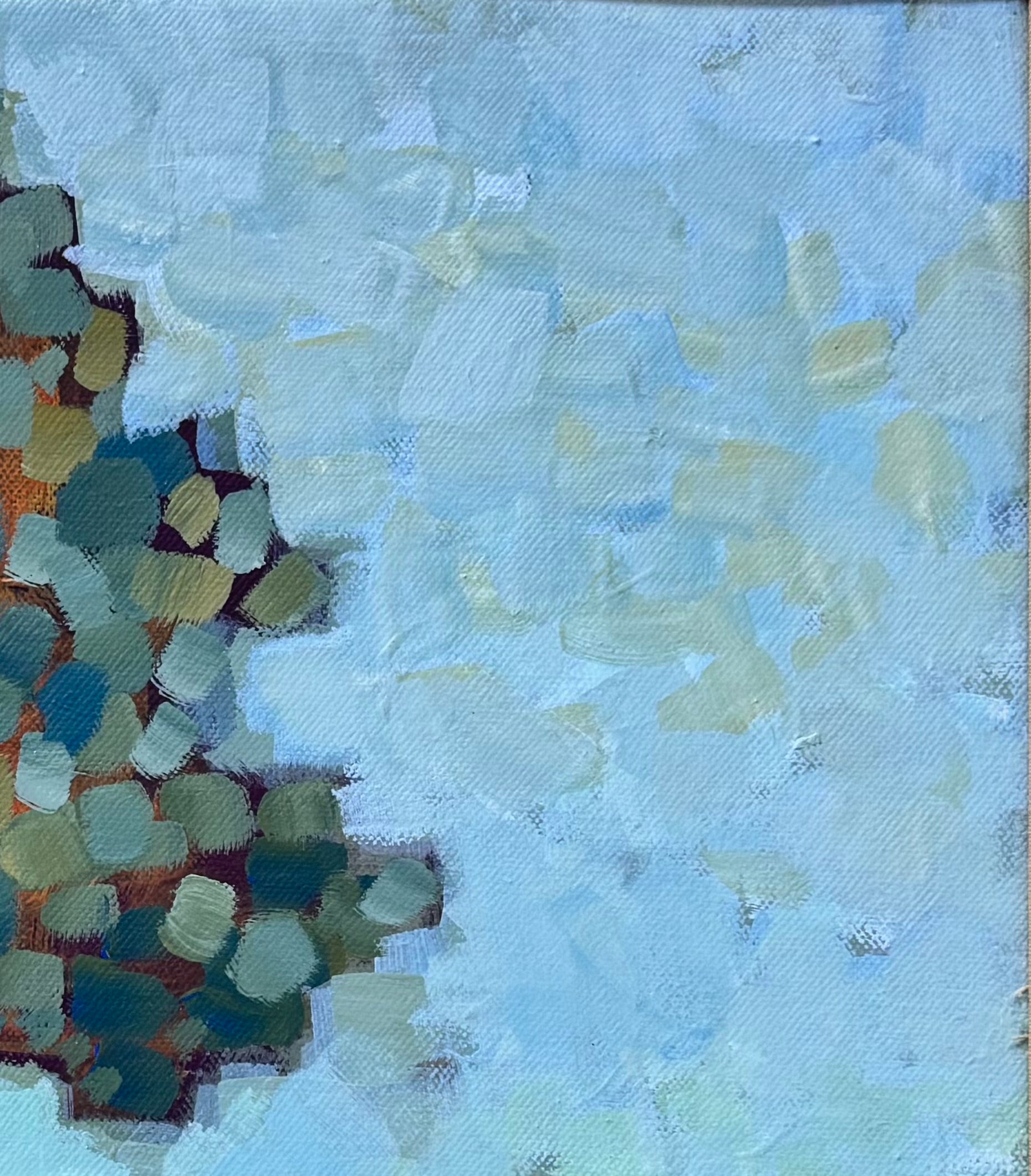 An oil painting by Laura Jacobson featuring three stylized trees with green and brown leaves in a field.