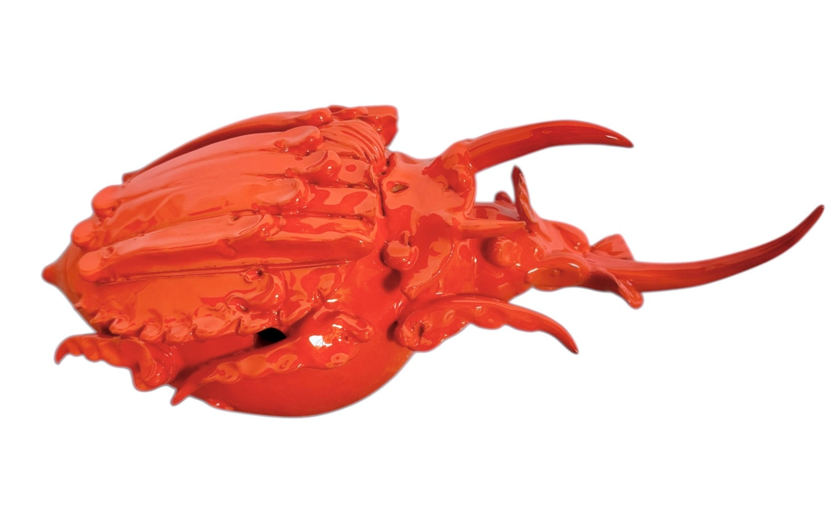 A glossy, vibrant orange ceramic sculpture of a rhinoceros beetle by Enza Fasano. The piece features a highly polished, reflective glaze and stylized, fluid anatomical details. Its prominent dual horns curve forward, and the body is textured with layered, wing-like plates, set against a plain white background.