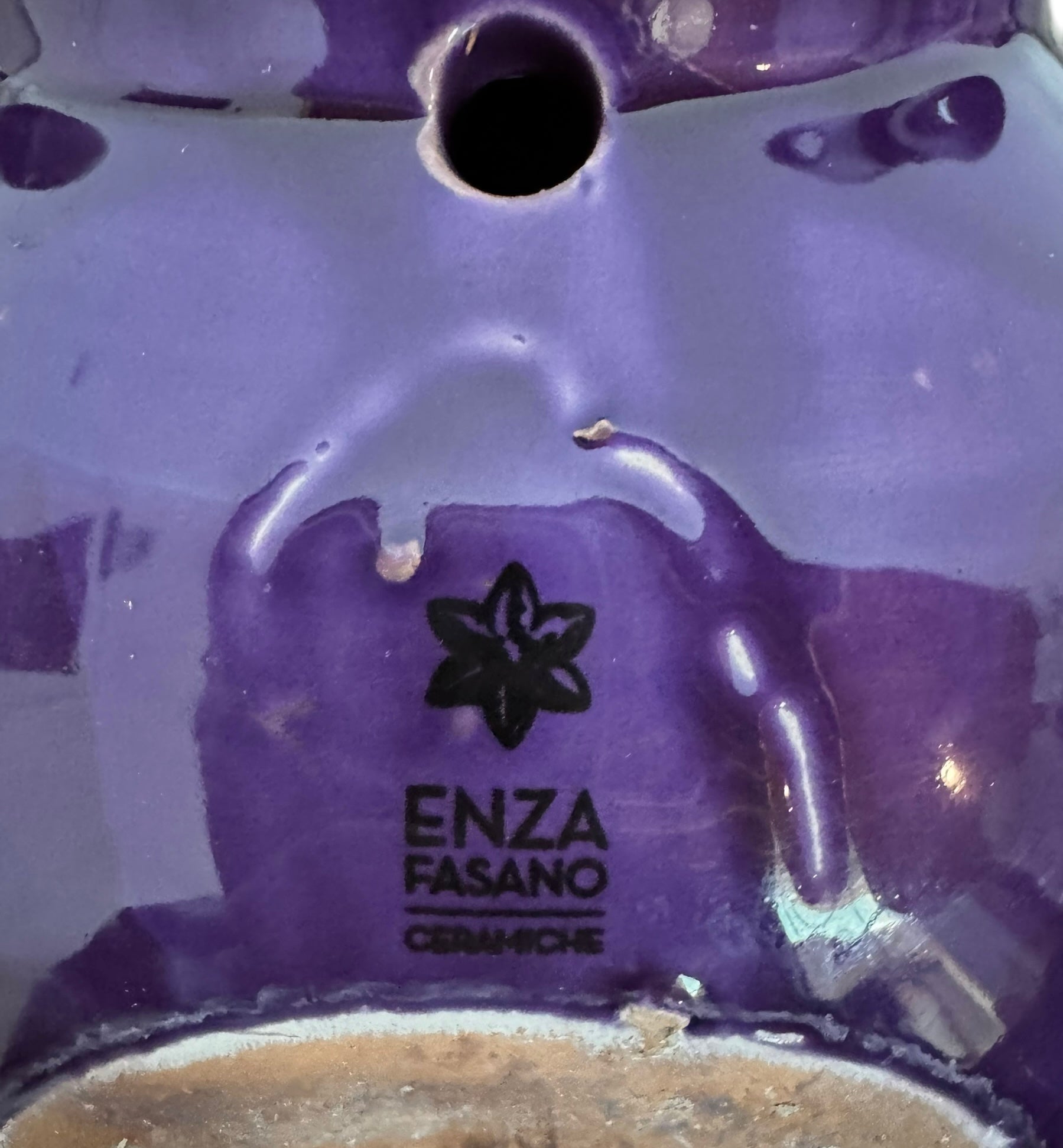 A glossy, deep purple ceramic sculpture of a beetle by Enza Fasano. The piece features a highly stylized and ornate design, blending insect-like anatomy with fantastical elements. It has a smooth, rounded shell and elongated, curved mandibles and appendages lined with sharp, thorn-like protrusions. The monochromatic glaze is reflective, highlighting the intricate sculptural details and textures of the avant-garde artwork.