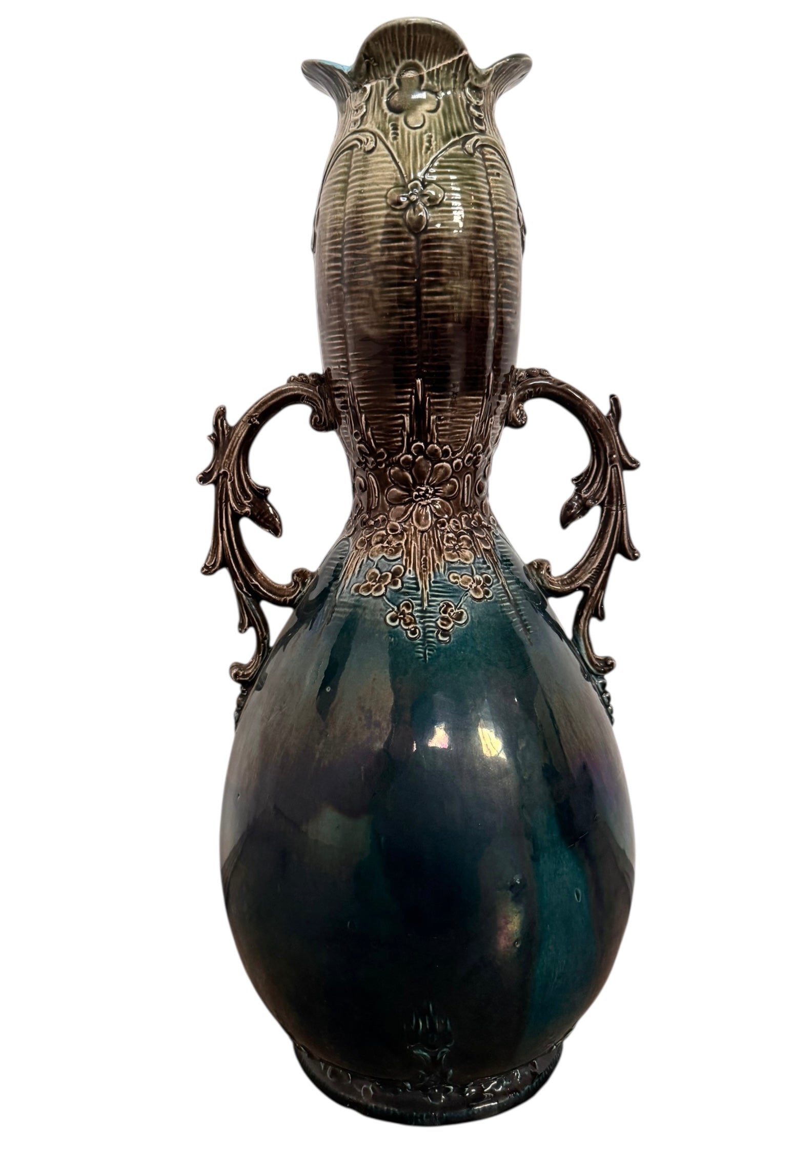 French Art Nouveau Faience Glazed Vases with flower motifs, and thorny wood handles