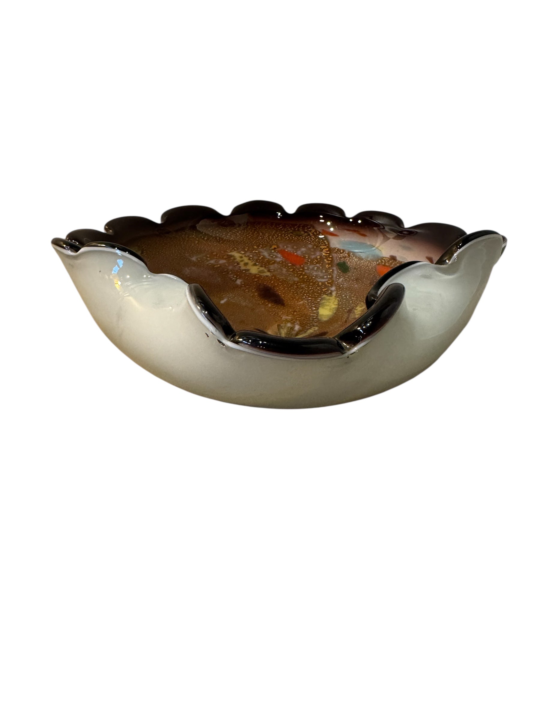 Murano art glass bowl with amethyst edge, gold flecks, and colorful glass inclusions.