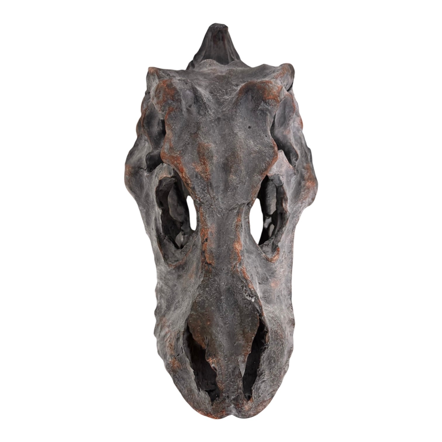 a pair of matching Tyrannosaurus Rex skull sculptures facing inward toward each other against a solid white background. The resin or stone-like replicas are realistically detailed with a weathered, dark gray and brownish-rust finish. Both skulls are sculpted with their jaws wide open, showcasing rows of sharp, pointed teeth with stained orange and brown tips. The skull on the left is angled slightly to the right, and the skull on the right is angled slightly to the left, creating a symmetrical presentation.