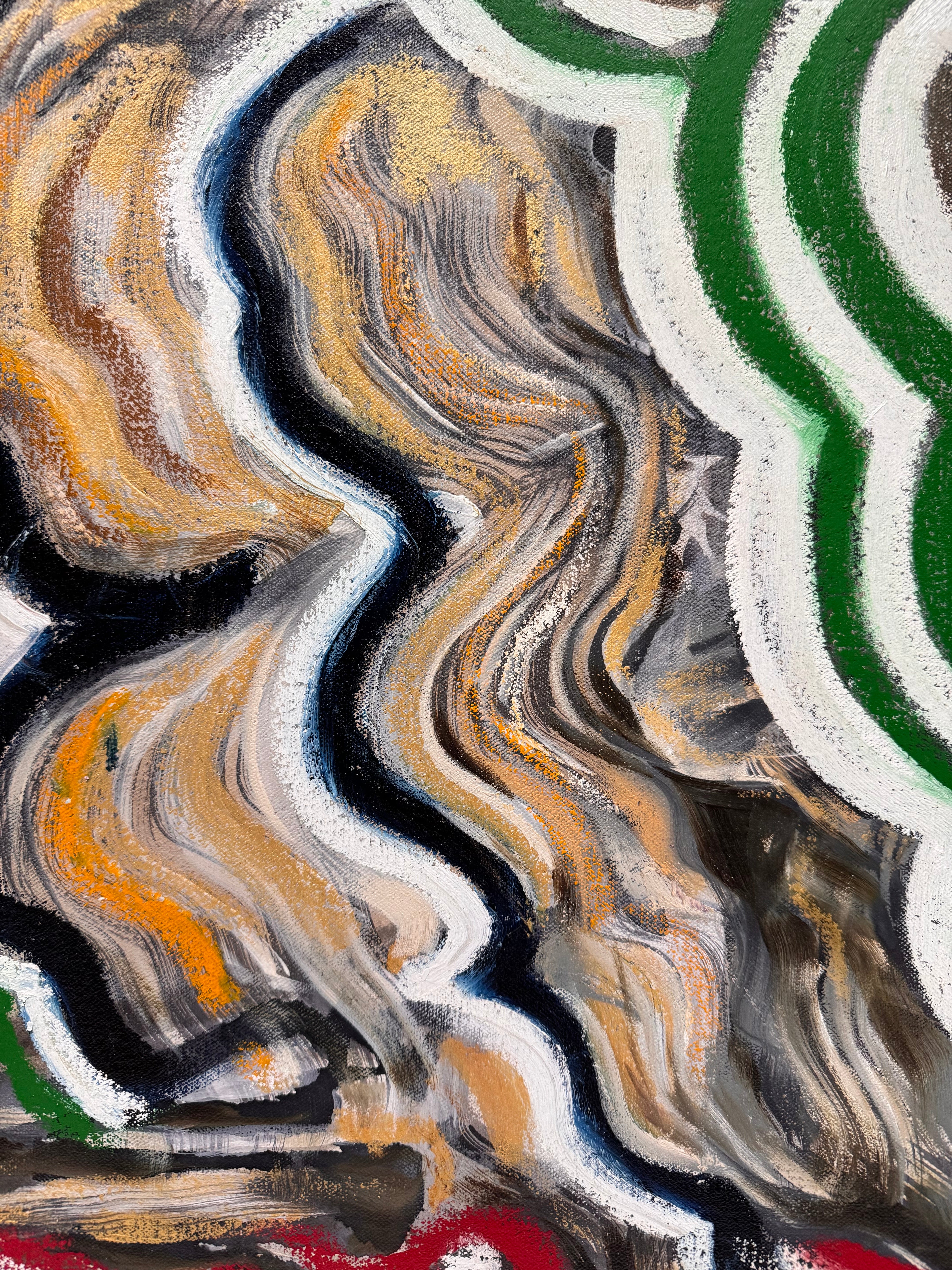 A close-up, angled view of an abstract oil painting titled 'Topography' by Robert Wymer. The painting's edge reveals thick, textured swirls of brown, gold, red, green, and white paint. It is framed in a natural light-brown teak wood frame, with a visible corner joint where two pieces of wood meet