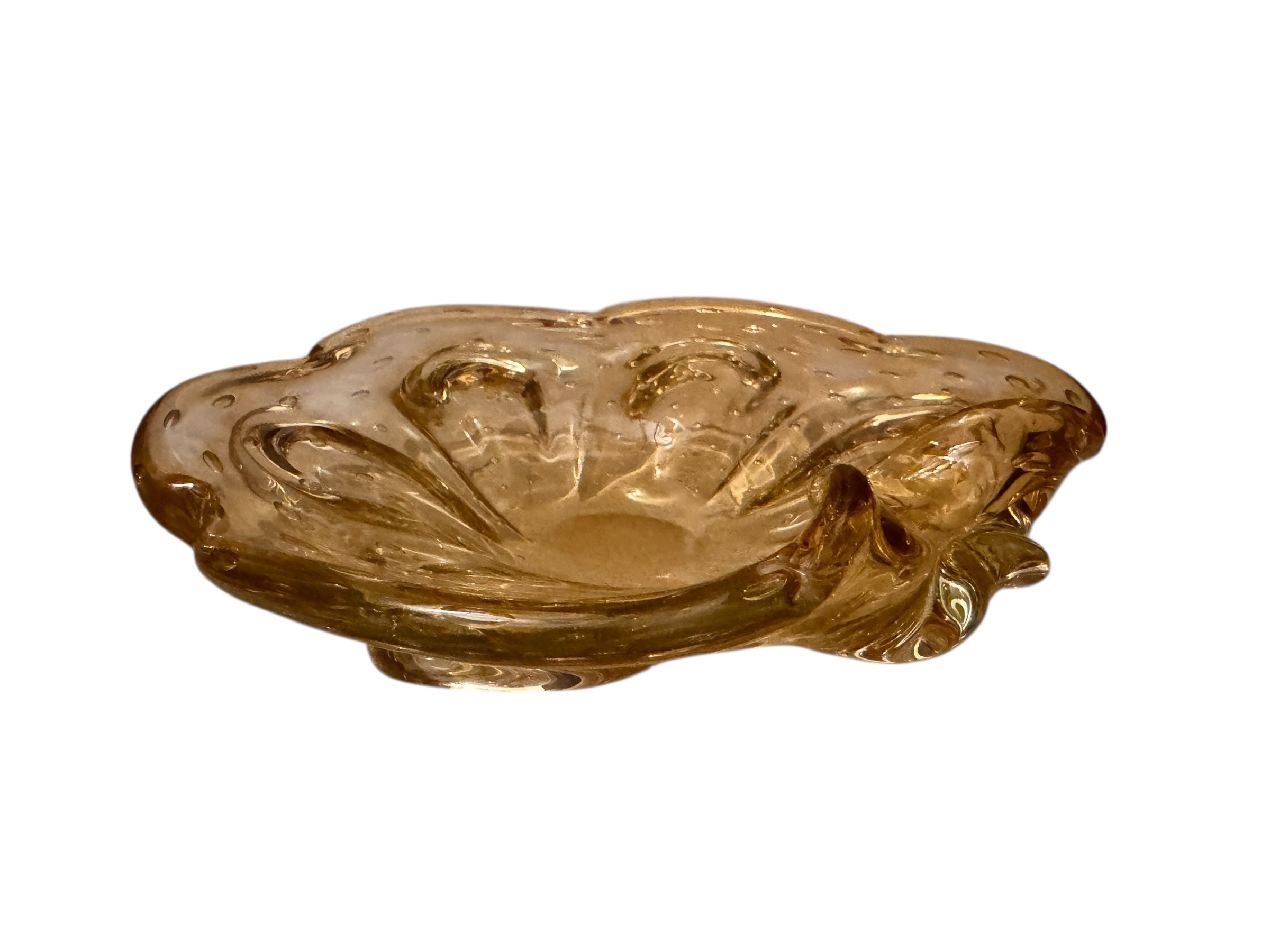 Scalloped amber yellow art glass ashtray with controlled bubbles