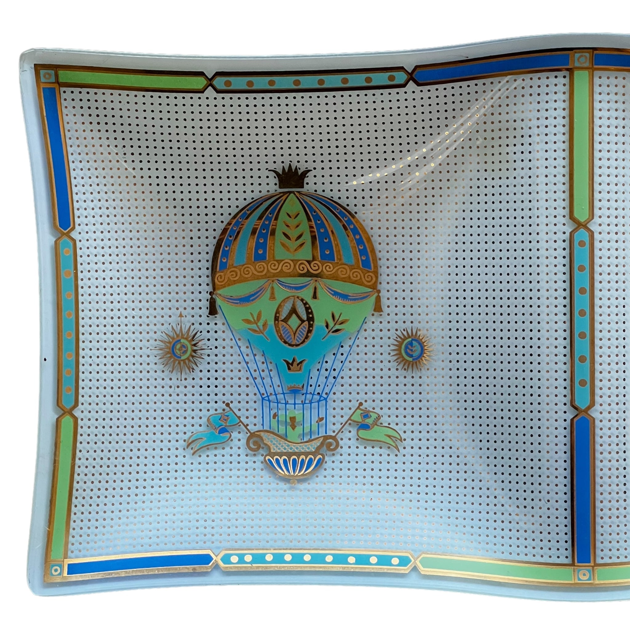 whimsical
tray
tabletop
Table Top
platter
mid century modern
Mid century
metallic
hot air balloon
Gold
Glass
Georges Briard
blue and white
1950s
decorative
decorative bowl
decorative tray