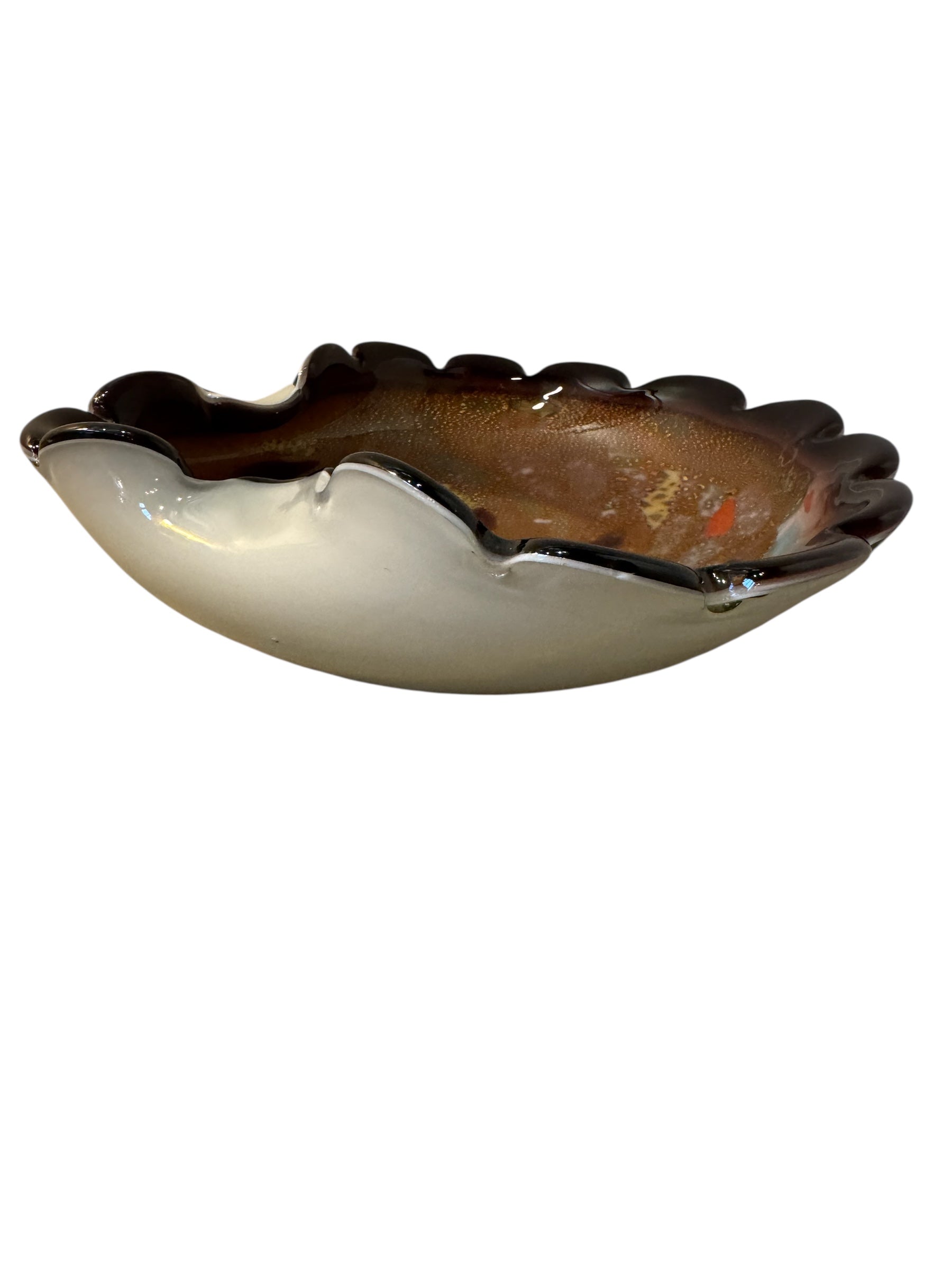 Murano art glass bowl with amethyst edge, gold flecks, and colorful glass inclusions.