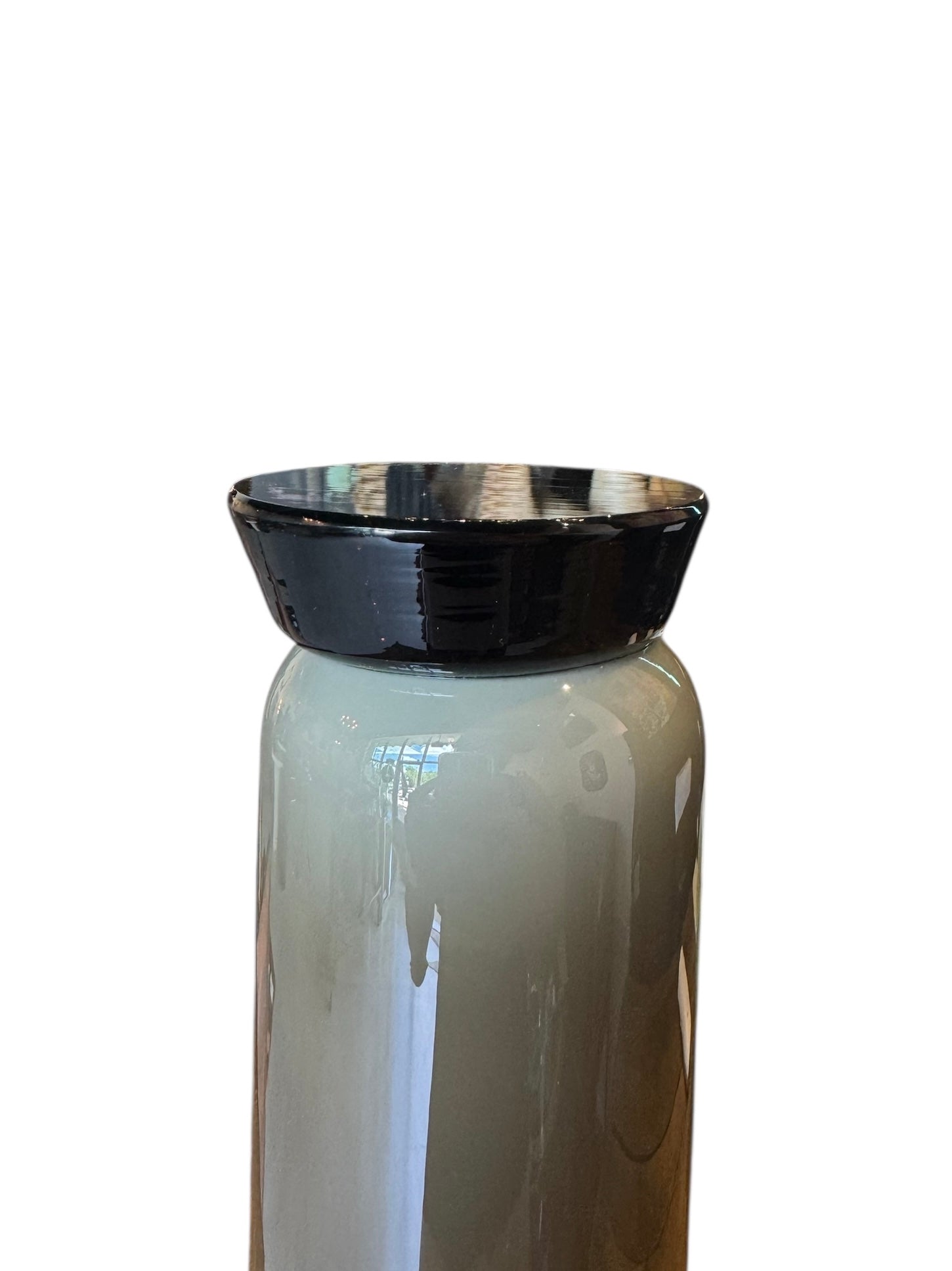 Image of a Venini Anni Trenta art glass vase, featuring a flared silhouette, Talpa colored exterior, and Acquamare interior, created using the Opalino technique