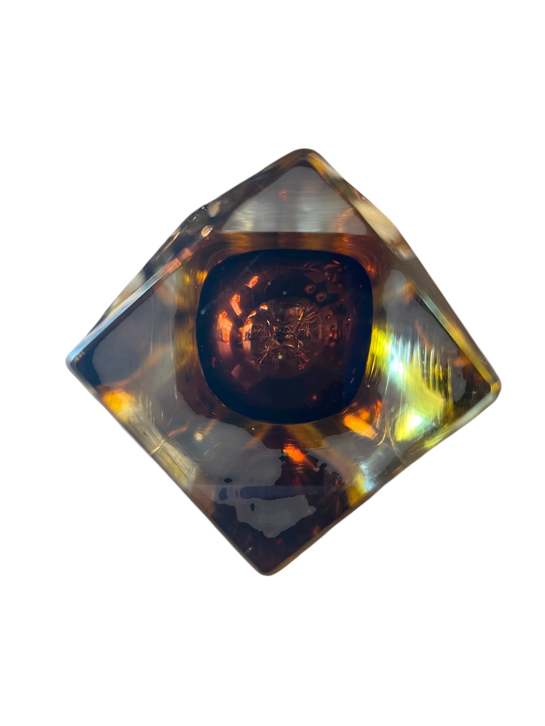 Mid-century modern vase with amber to clear ombré glass, geometric faceted design, in the Sommerso style