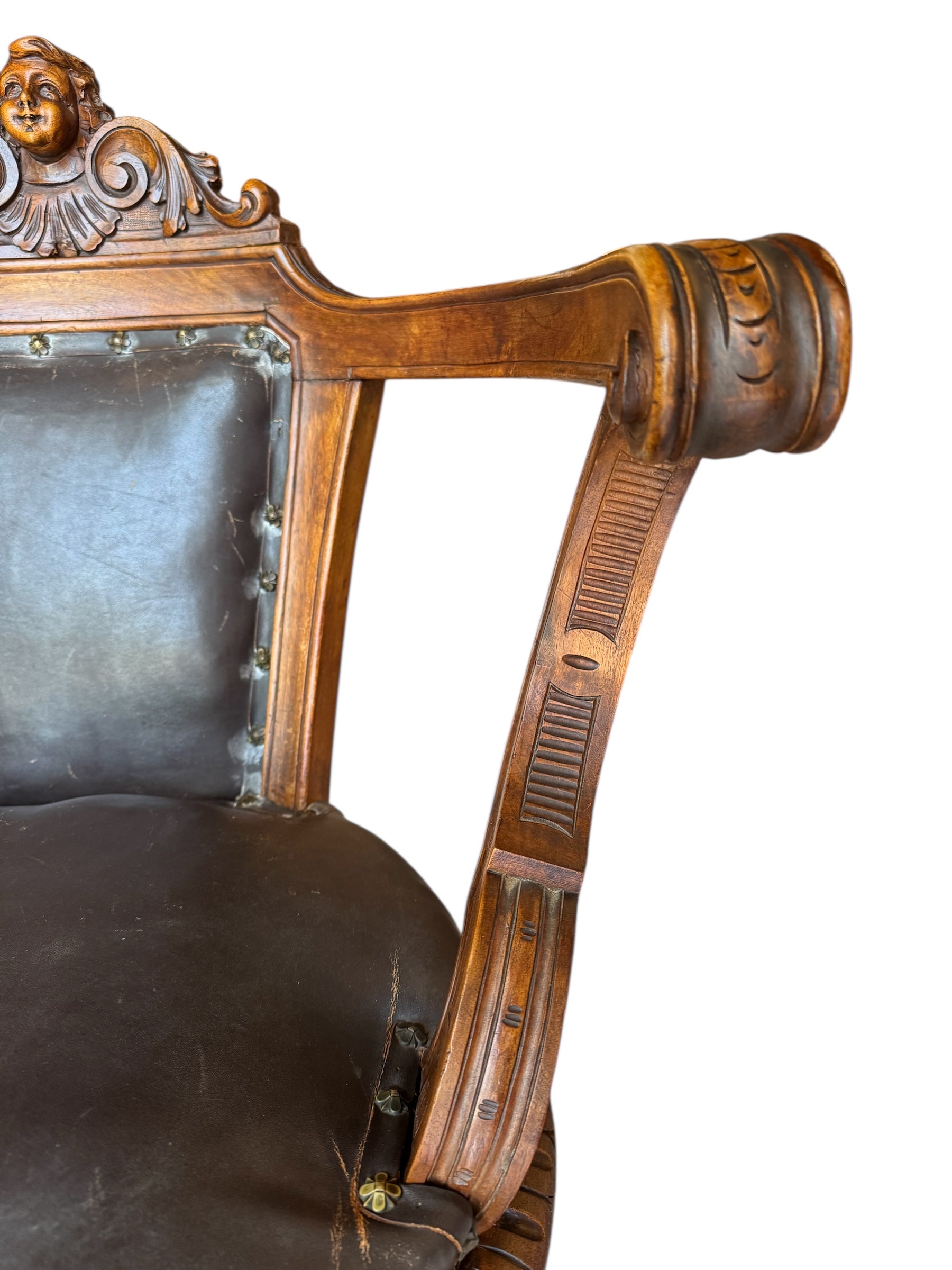 Antique French carved chair 
Figural crest walnut desk chair 
19th-century French leather swivel 
Vintage wood office chair sale
Antique french wooden chair
Carved walnut
Leather seat
Swivel base
Figural crest
Antique chair
French design
Desk chair
19th-century
Antique
Vintage
French
Carved
Walnut
Swivel
Desk chair
Leather
Upholstered
Ornate
Figural
Wood
Nineteenth-century
Office
Patinated
Decorative
Unique