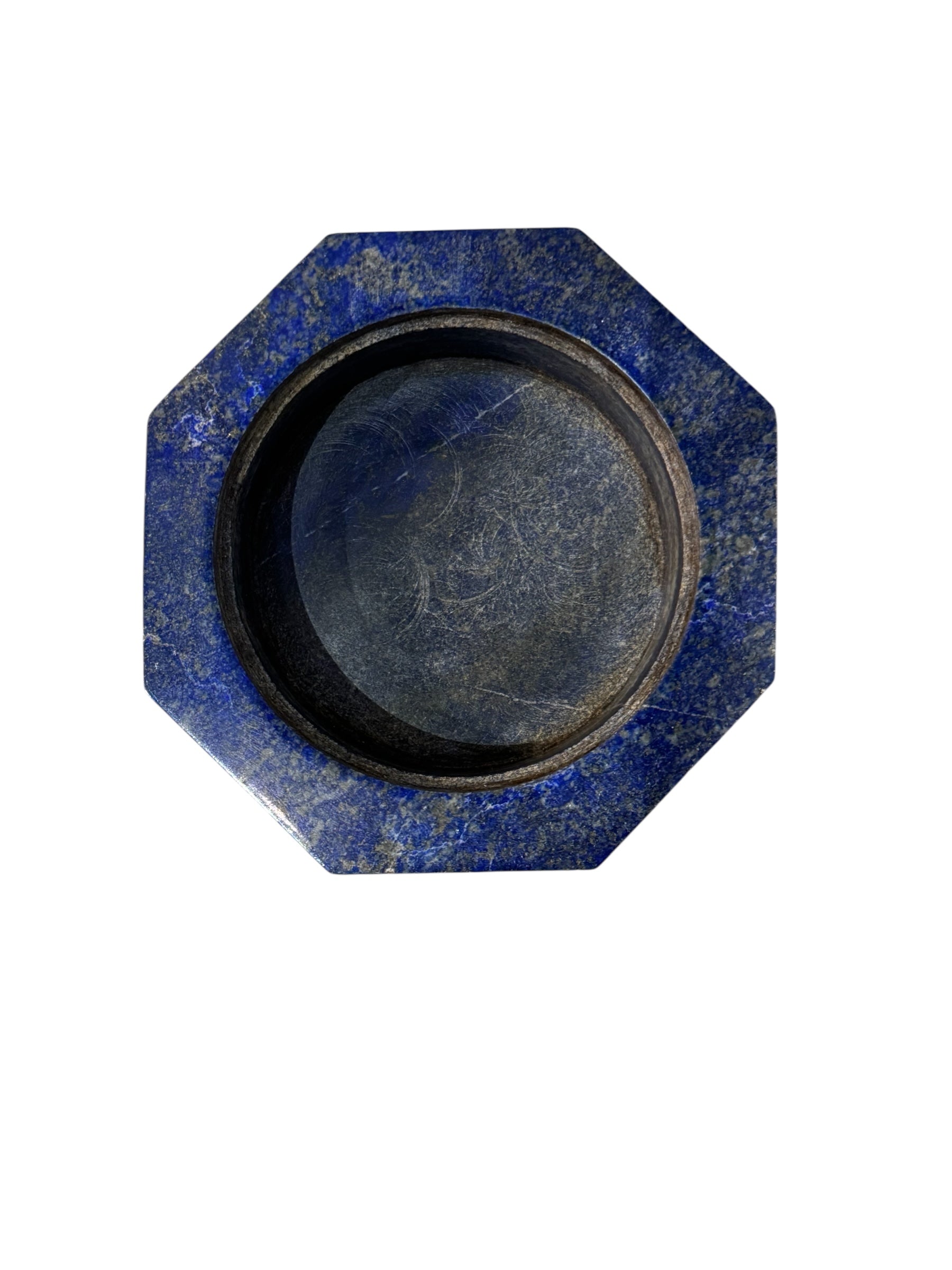 Hand-carved octagonal box made of lapis lazuli, featuring a red cabochon stone on its lid.