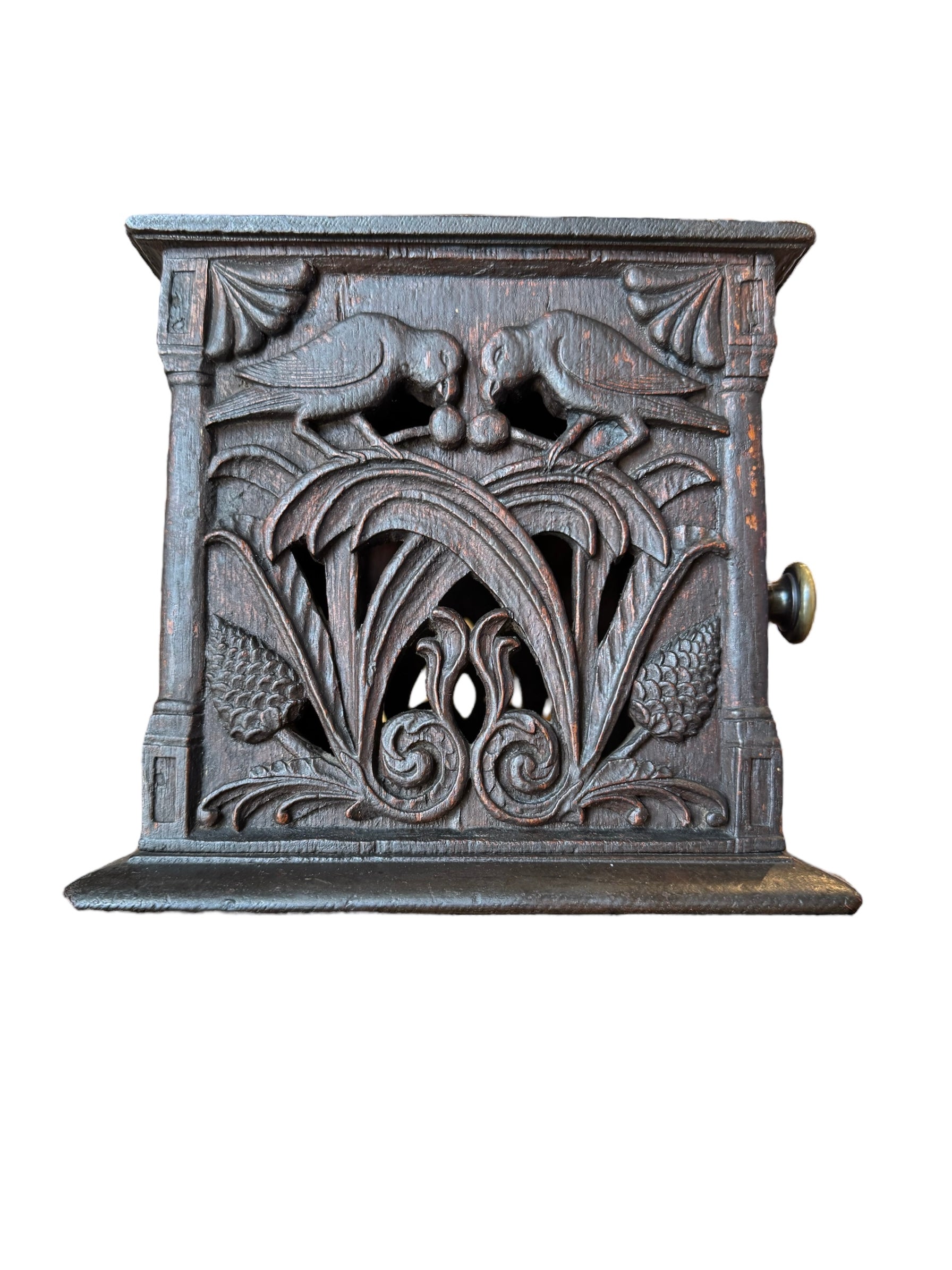 Diminutive Piece Carved Mahogany Cabinet, 19th Century, Mahogany, Cabinet, bird carvings, botanical carvings, sloping integral base, one door, floral motifs, brass door handle