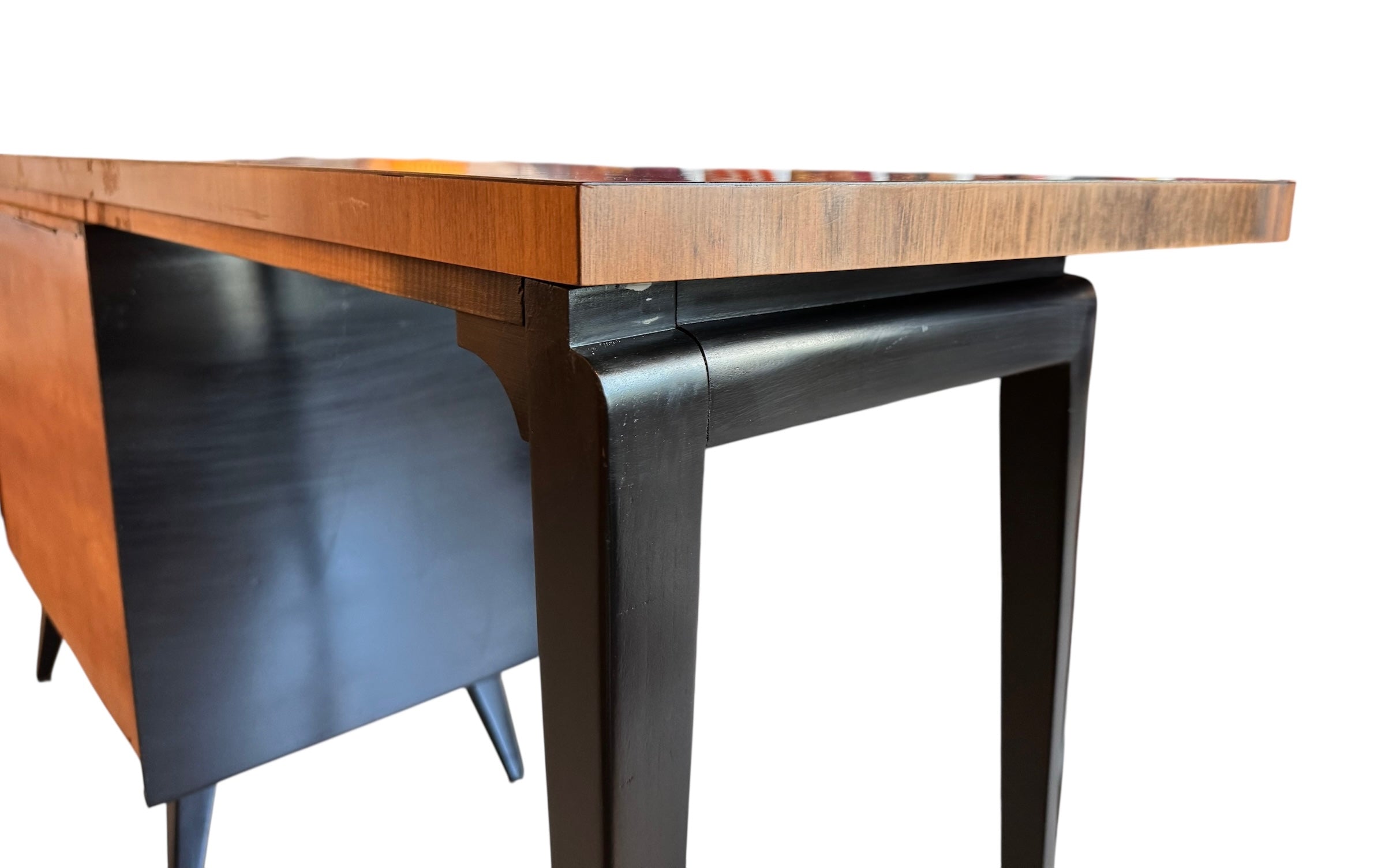 Mid Century Desk, Mid Century, Desk, Tapered Legs, Morris C. Mallin, Mallin Furniture Co., Walnut Veneer, black enameled metal, sleek, corporate, modernist