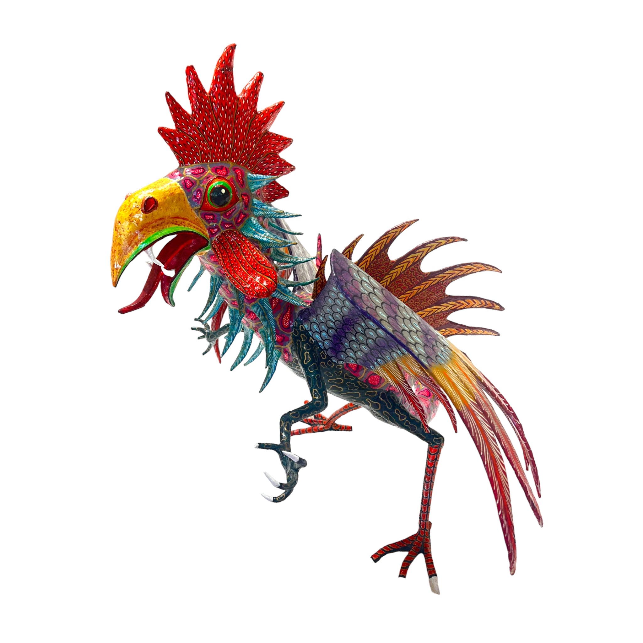 A colorful Alebrije sculpture featuring avian and reptilian features with vibrant colors and intricate details.