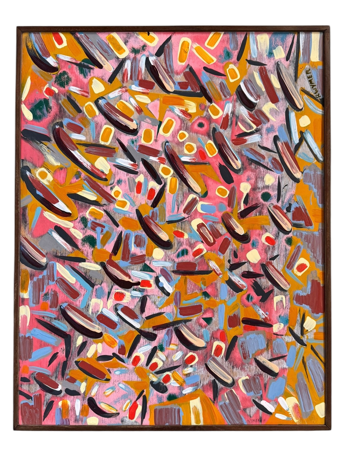 An abstract painting titled 'Cascade of Gold and Pink' by Robert Wymer, framed in dark wood. The artwork features a vibrant pink background densely covered with a dynamic arrangement of multi-directional, oblong, and dash-like brushstrokes in gold, red, blue, gray, white, and black.