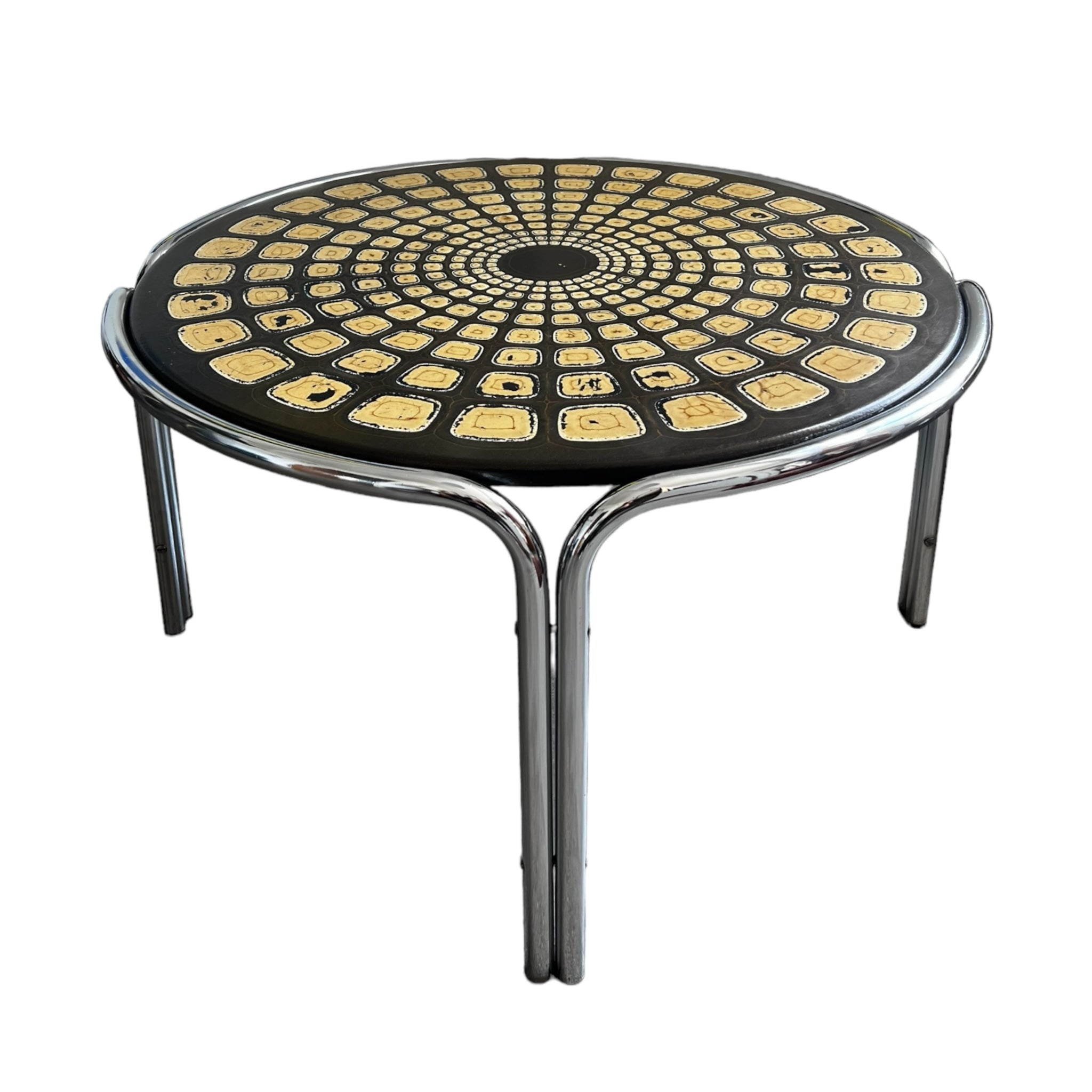 Vintage
UK
tortoise
tea table
Table
Side table
Occasional table
mandala
Entry table
Coffee table
Chrome
1970s
leather-like tortoise shell design
mandala design
geometric
geometric design
patterned table top
groovy
chrome table