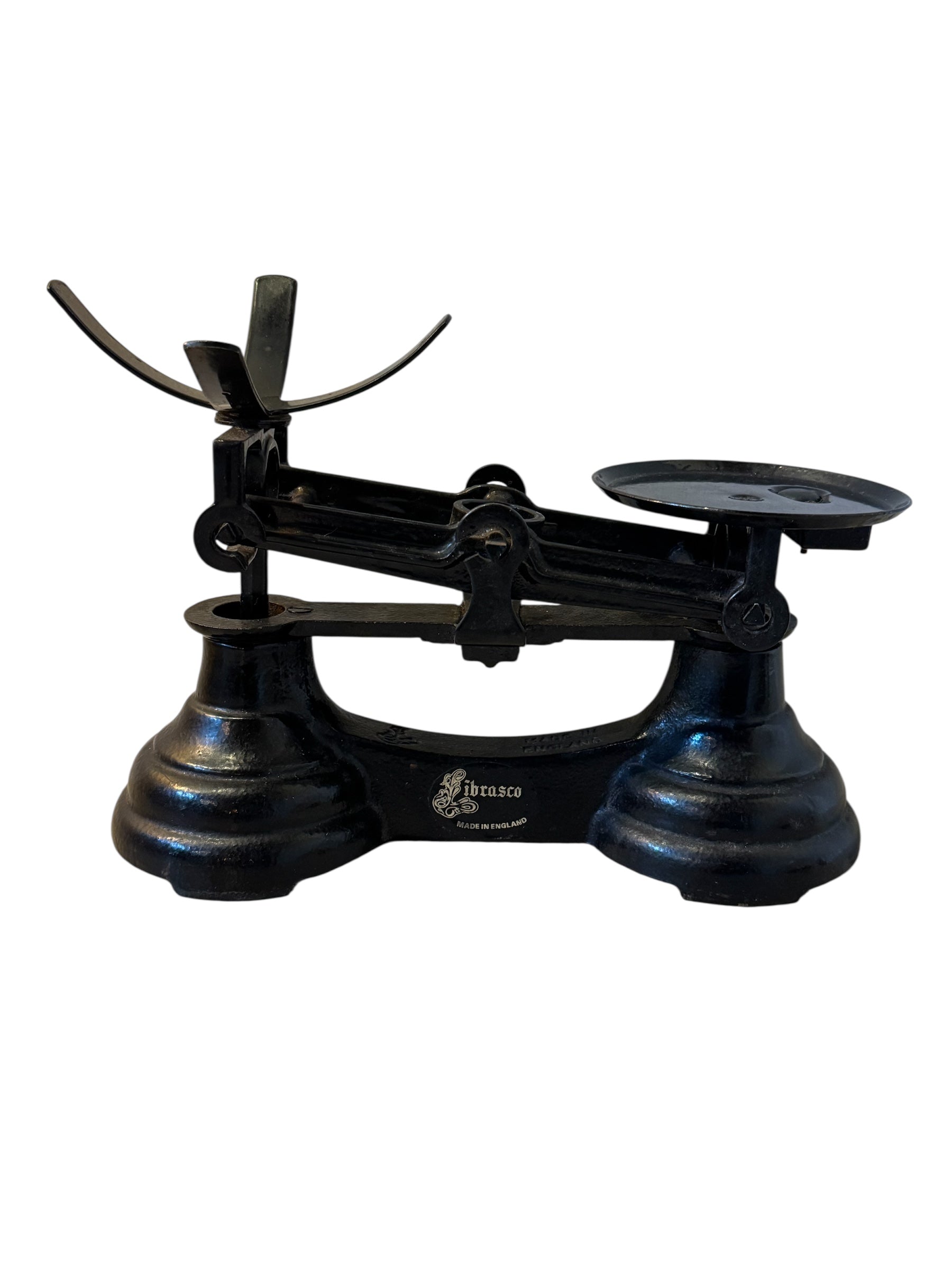 Painted Balance Scale with Brass Pans & Weights, Vintage, Antique, Librasco, Black Cast Iron, Brass, Birmingham Kitchen, Weighing Scales, Brass Weights, Kitchen Scale, Appliance