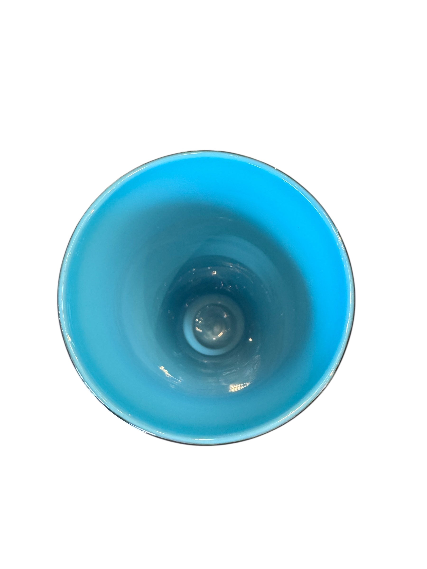 Image of a Venini Anni Trenta art glass vase, featuring a flared silhouette, Talpa colored exterior, and Acquamare interior, created using the Opalino technique