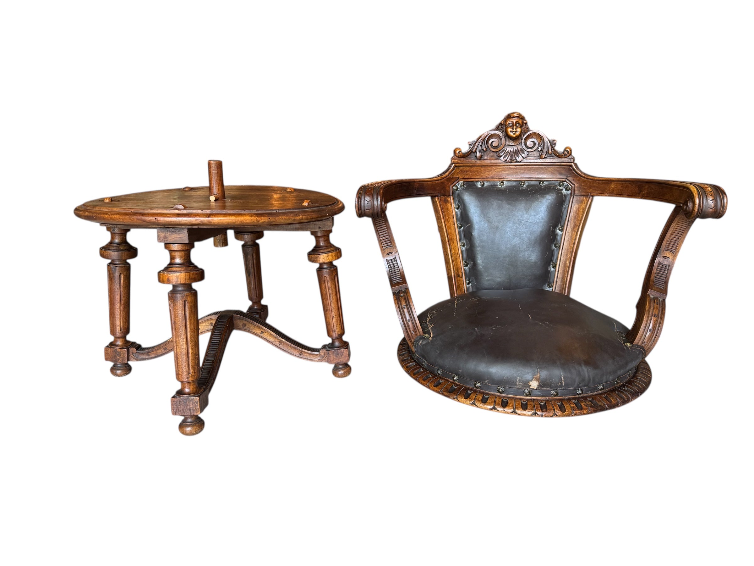 Antique French carved chair 
Figural crest walnut desk chair 
19th-century French leather swivel 
Vintage wood office chair sale
Antique french wooden chair
Carved walnut
Leather seat
Swivel base
Figural crest
Antique chair
French design
Desk chair
19th-century
Antique
Vintage
French
Carved
Walnut
Swivel
Desk chair
Leather
Upholstered
Ornate
Figural
Wood
Nineteenth-century
Office
Patinated
Decorative
Unique
