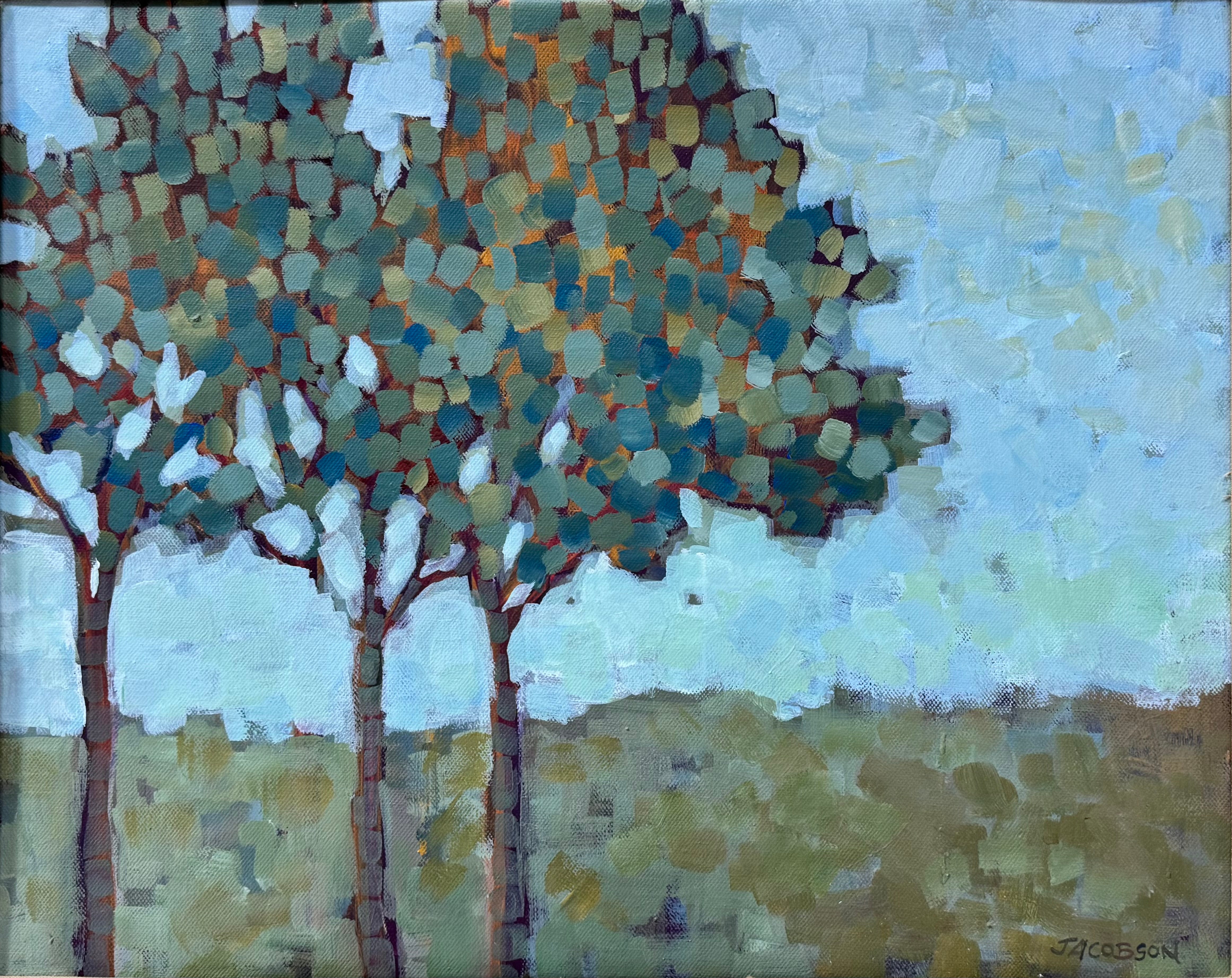 An oil painting by Laura Jacobson featuring three stylized trees with green and brown leaves in a field.