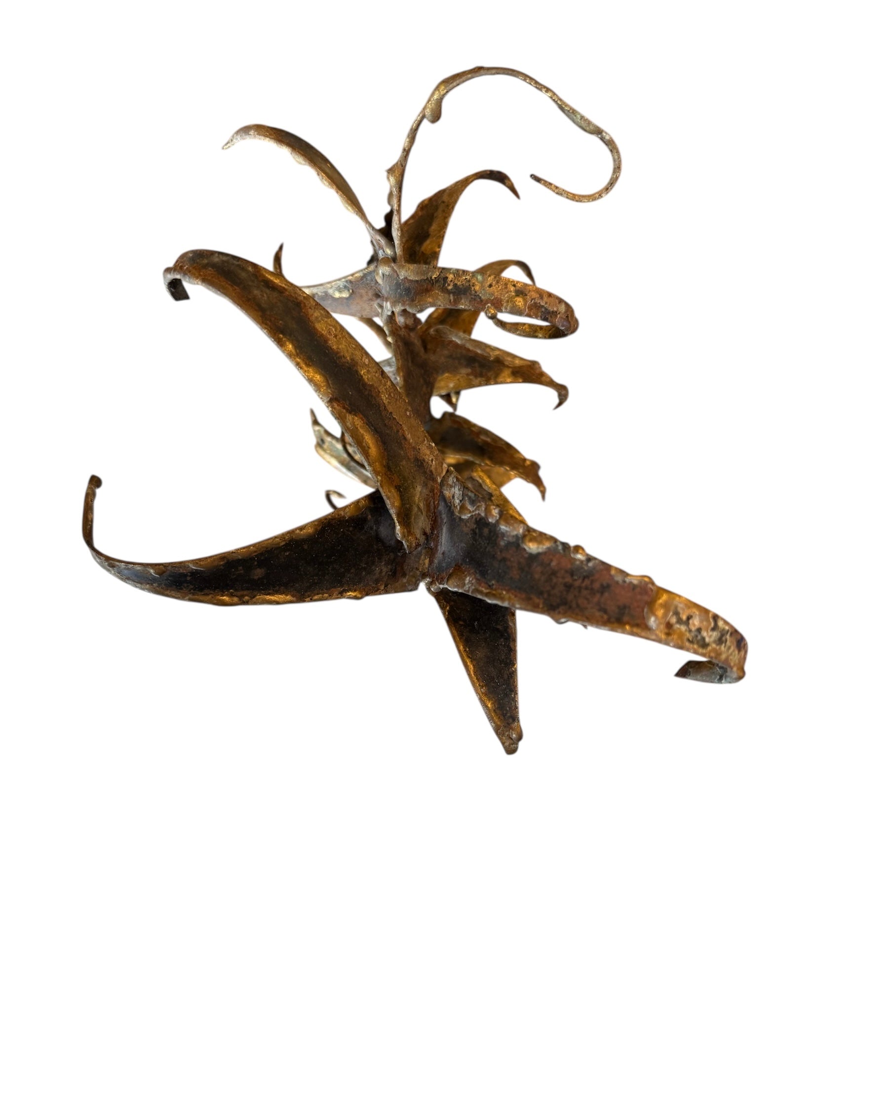 Mid-century Brutalist sculpture made of brass and bronze, depicting a stylized plant with textured, oxidized surfaces.