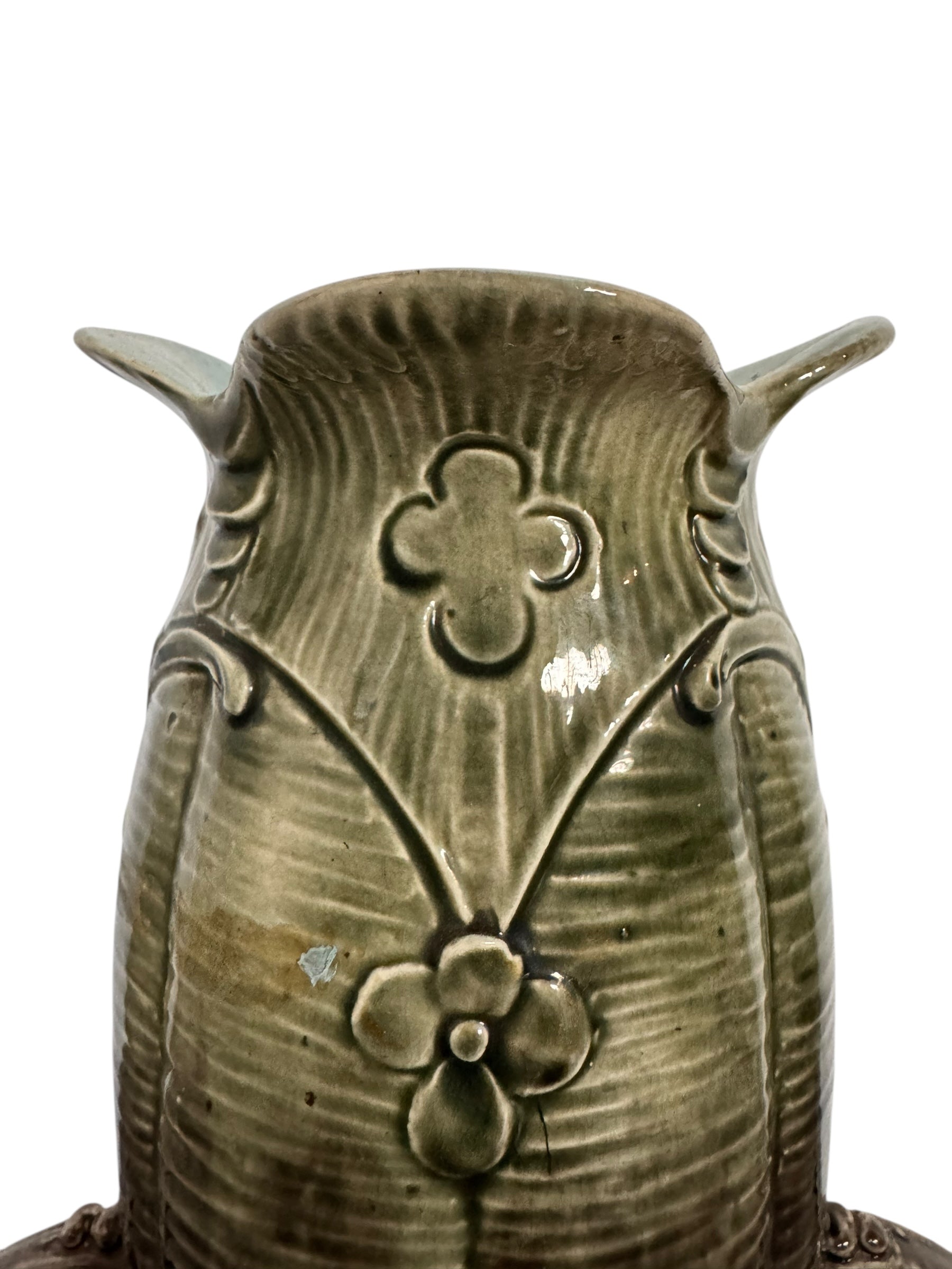 French Art Nouveau Faience Glazed Vases with flower motifs, and thorny wood handles