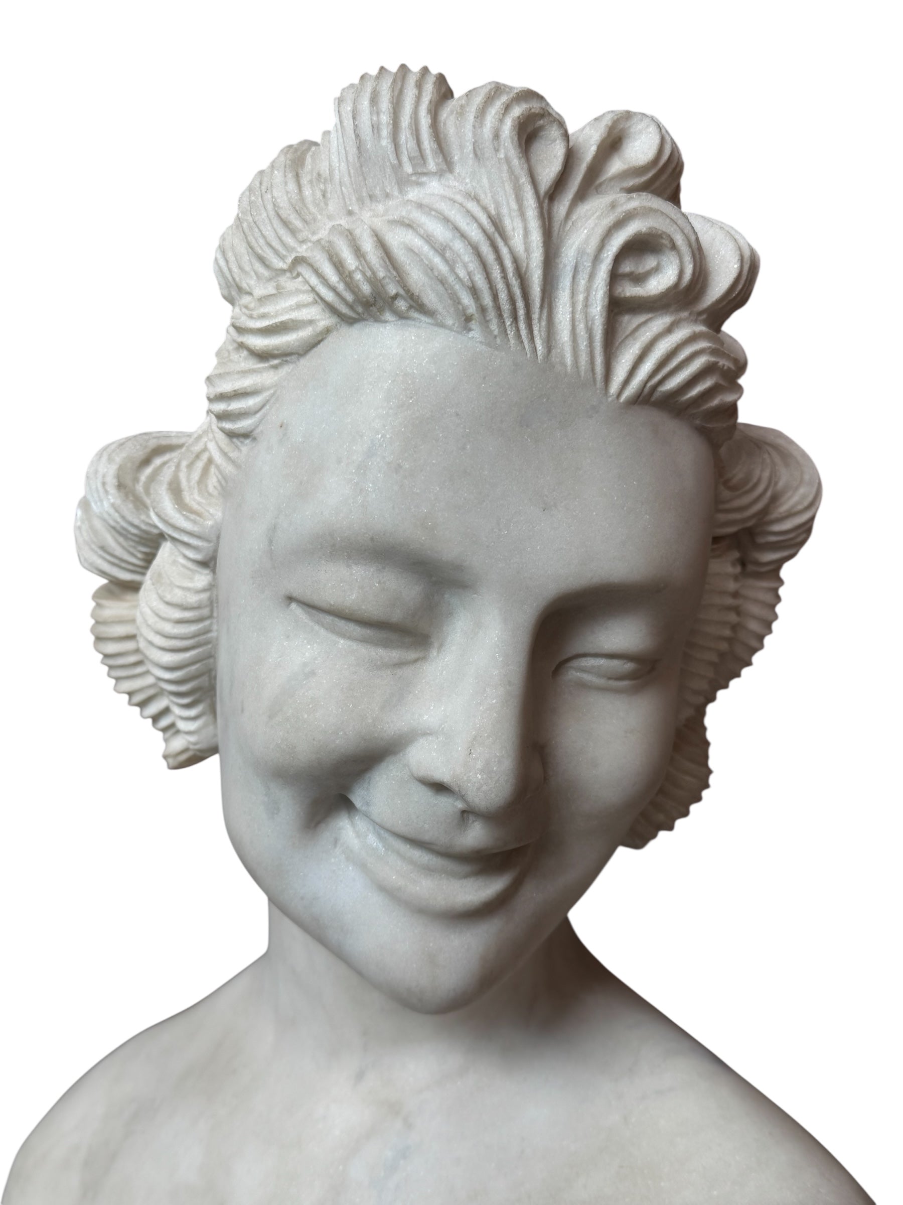 A 25-inch high polychrome marble bust of a woman, featuring white marble for her face and hair, with a base and draped fabric adorned with carved roses and leaves.