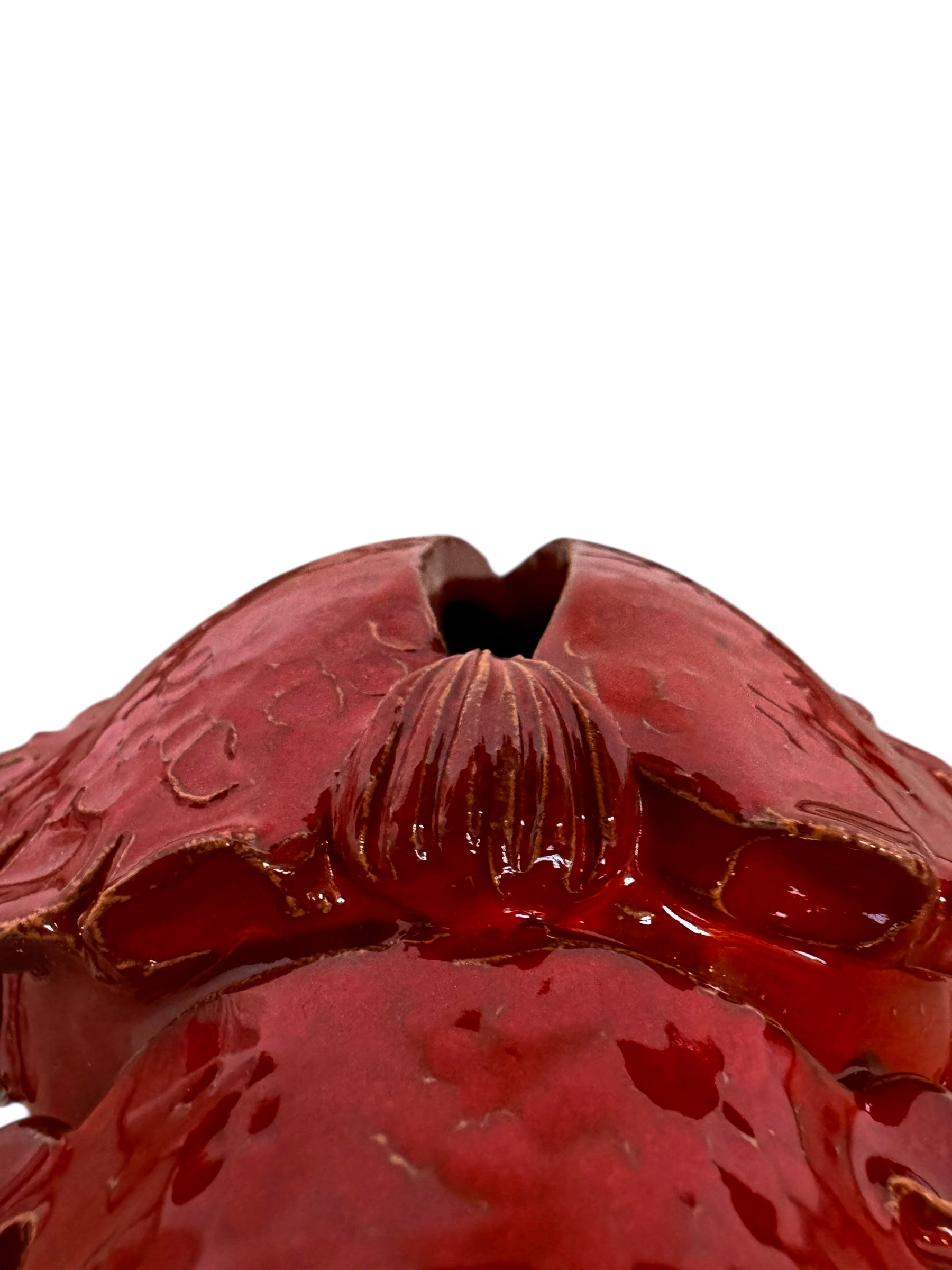 A handcrafted ceramic sculpture of a rhinoceros beetle by Enza Fasano, featuring a vibrant, glossy deep-red glaze. The piece is stylized with smooth, rounded contours and prominent, elegant horns extending forward. Its surface reflects light, highlighting the rich texture and artisanal detail of the clay.