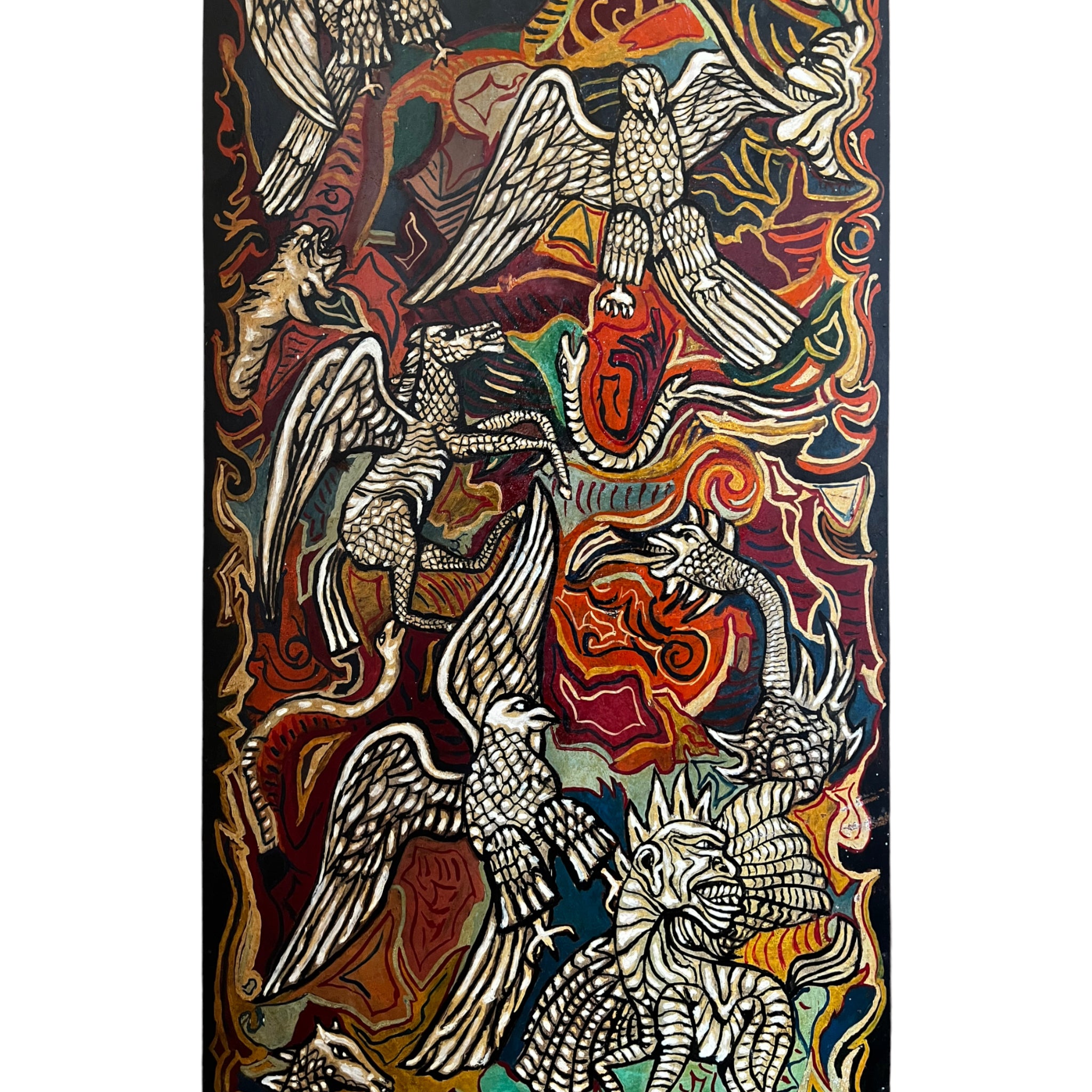 wall art
vibrant
Snakes
Plumes
Painting
Mid century
Large art
italy
italian
Home
eagles
E. Cocco
dragons
Colorful
birds
Art
acrylic painting
1950s
serpent