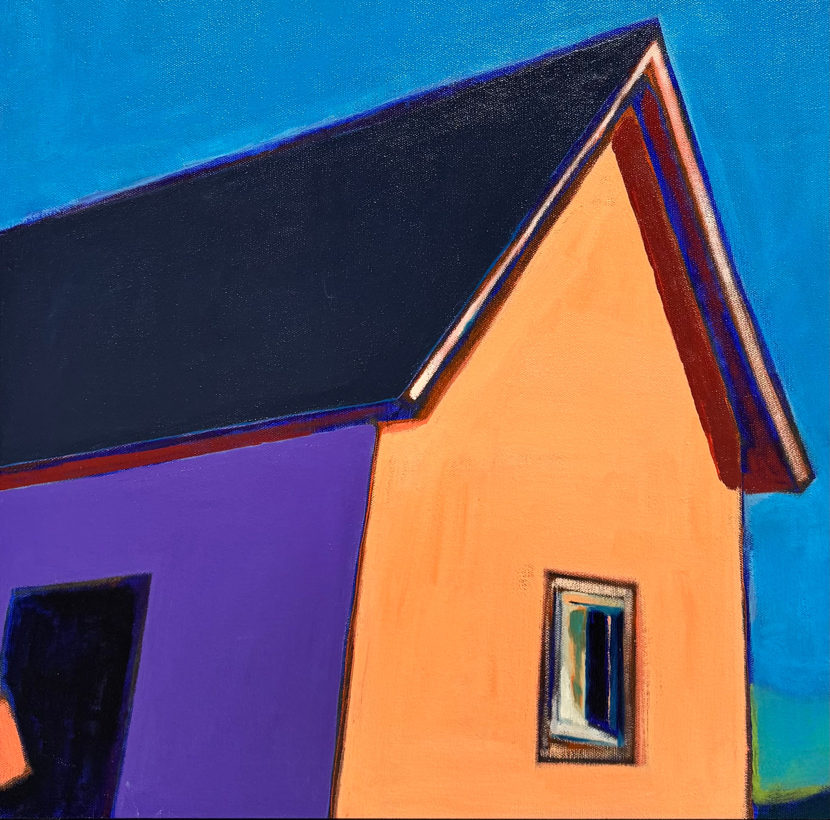 A vibrant, modern painting of a house with a purple side and an orange side with a window under a bright blue sky with a single moon by Elizabeth Payne titled “House in Moonlight”.