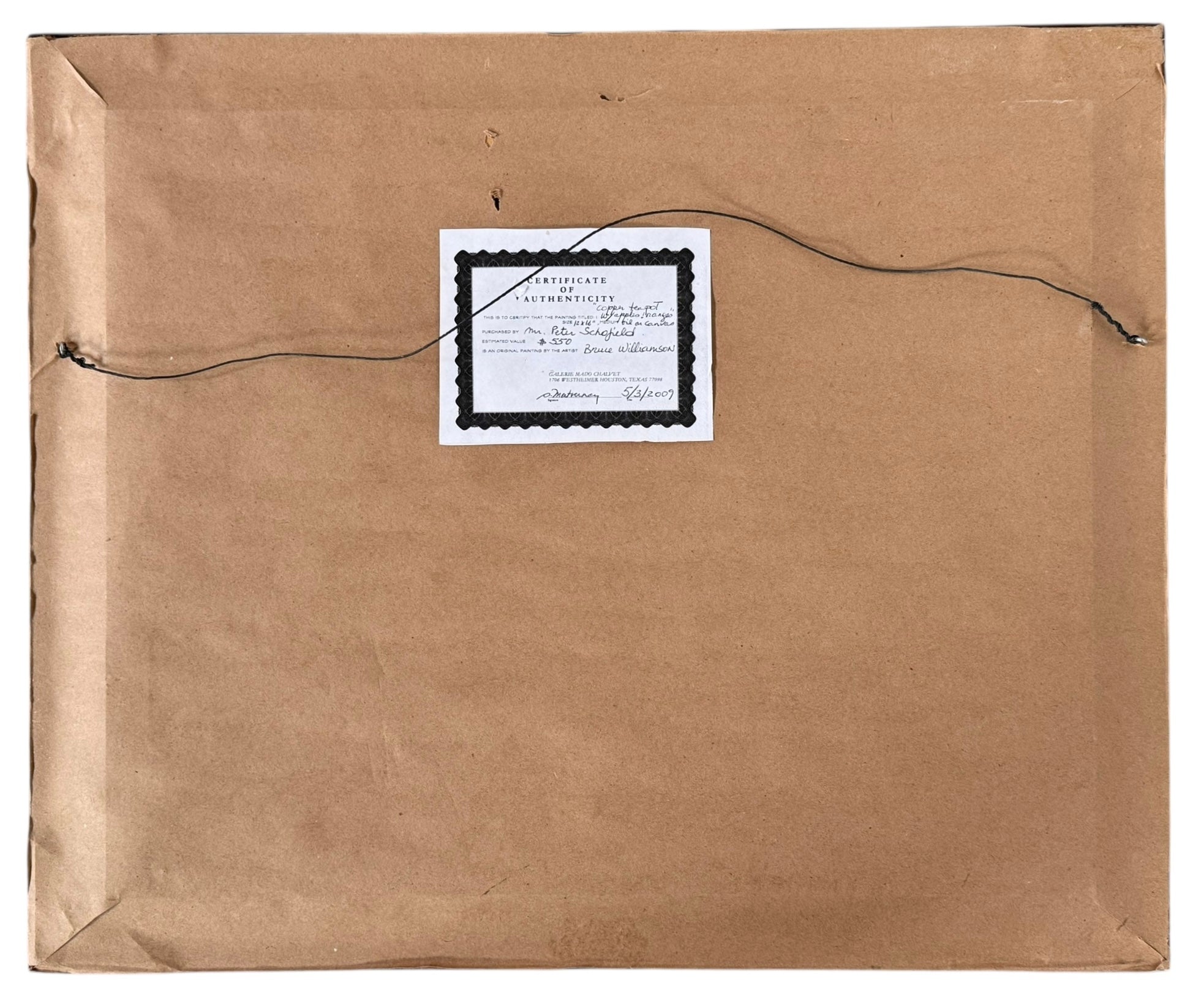 An oil painting still life featuring a copper teapot with a wooden handle, a blue glass vase, a red apple, a whole orange, and several orange slices, all arranged on a white tablecloth against a blurred purple and green background. The artist's signature "B. Willamson 2019" is visible in the bottom right corner.