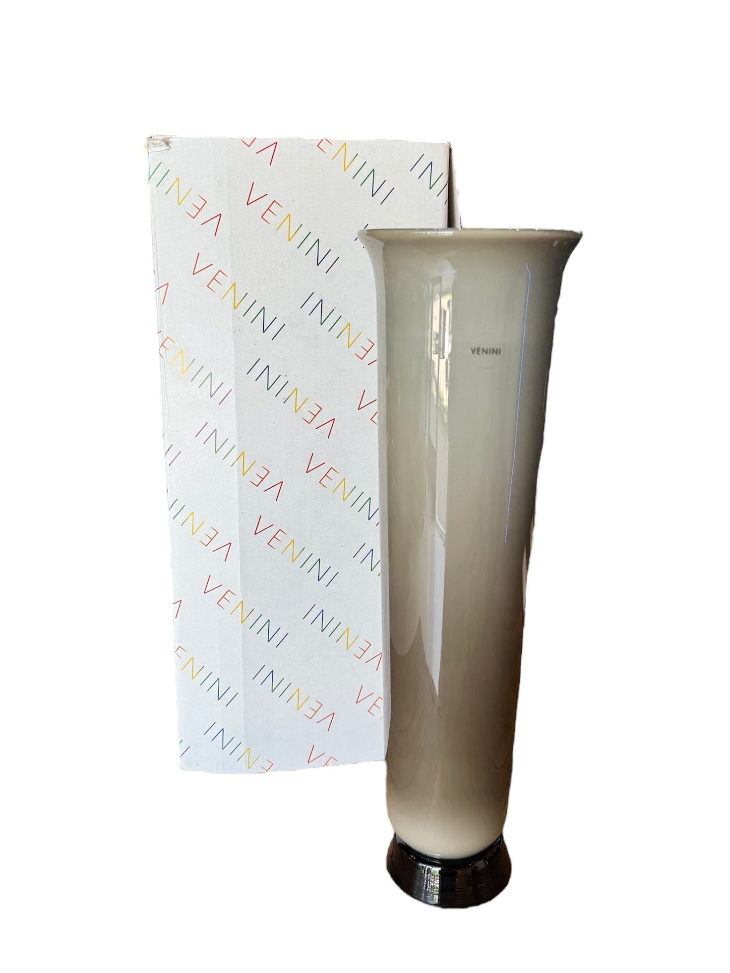 Image of a Venini Anni Trenta art glass vase, featuring a flared silhouette, Talpa colored exterior, and Acquamare interior, created using the Opalino technique