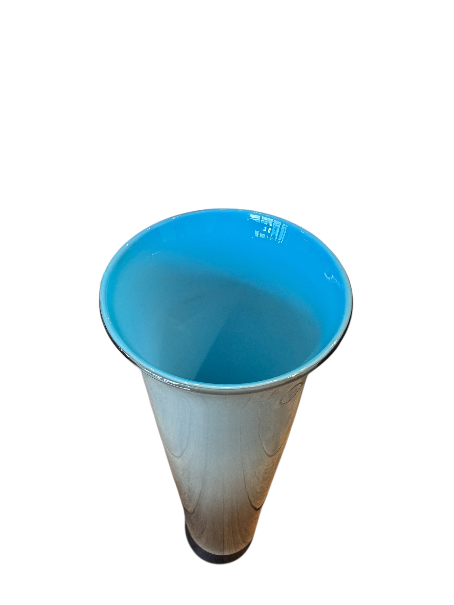 Image of a Venini Anni Trenta art glass vase, featuring a flared silhouette, Talpa colored exterior, and Acquamare interior, created using the Opalino technique