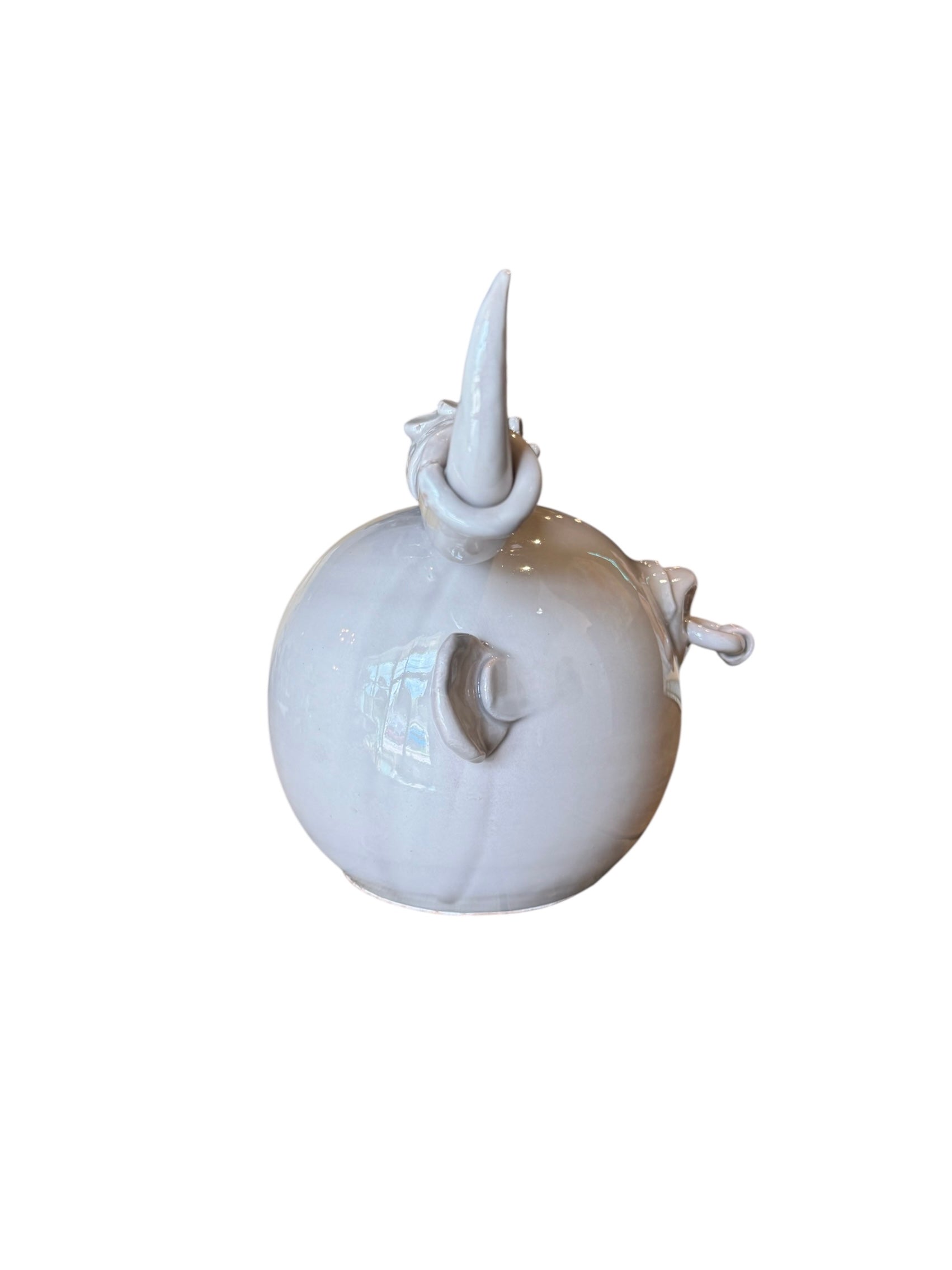 Artistic white grey ceramic bull sculpture by Enza Fasano, featuring a minimalist design and rings on the horns