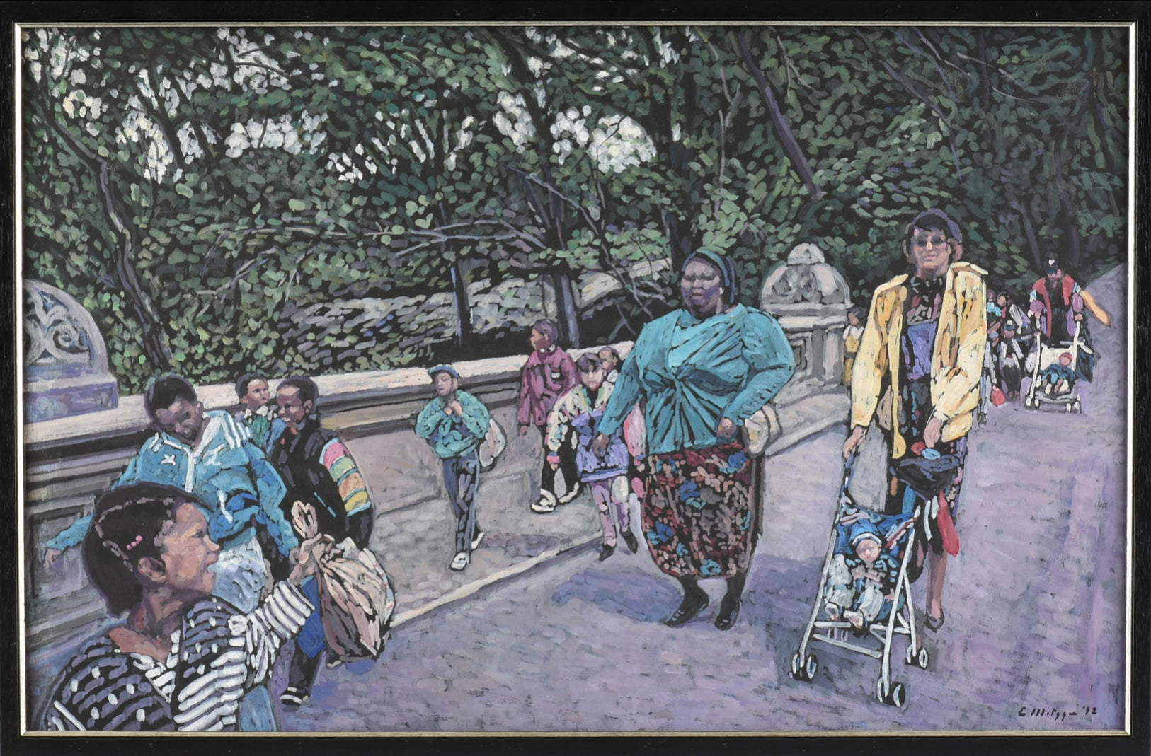 Painting by Evelyn Borchard Metzger, 'School Class, Central Park (Looking Back),' depicting an urban scene with figures and a stroller, rendered in a colorful, impressionistic style.