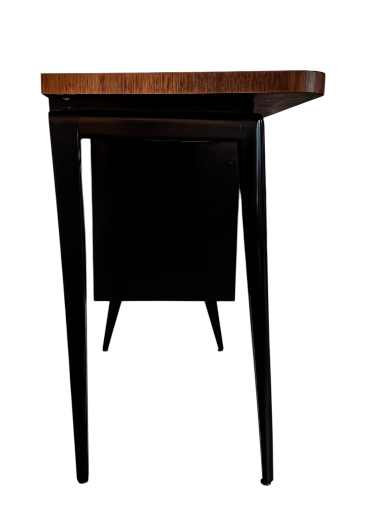 Mid Century Desk, Mid Century, Desk, Tapered Legs, Morris C. Mallin, Mallin Furniture Co., Walnut Veneer, black enameled metal, sleek, corporate, modernist