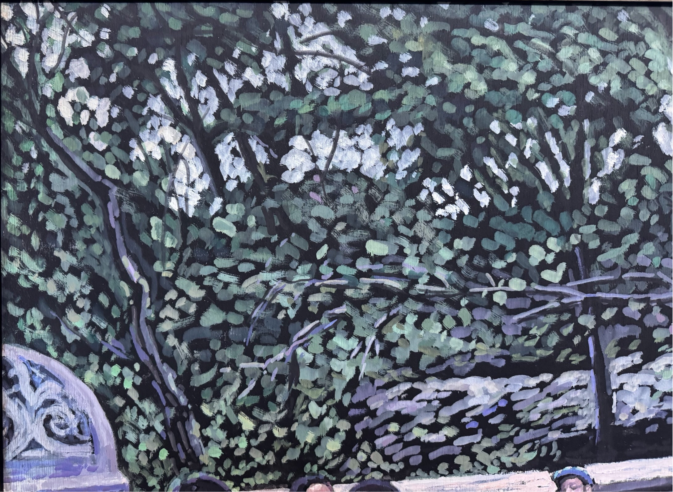 Painting by Evelyn Borchard Metzger, 'School Class, Central Park (Looking Back),' depicting an urban scene with figures and a stroller, rendered in a colorful, impressionistic style.