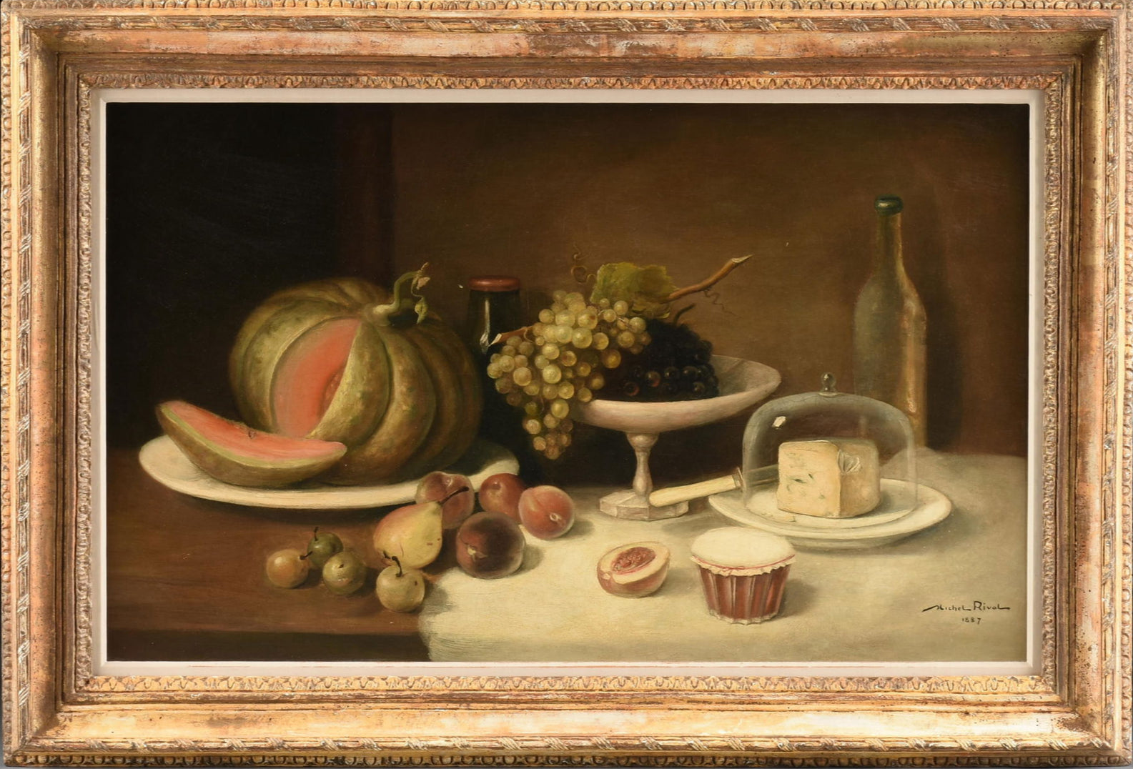 Oil painting, 'Still Life with Fruit and Cheese' by Michel Rivol, 1887. Features grapes, melons, cheese under a glass dome, and a bottle on a tablecloth against a dark background