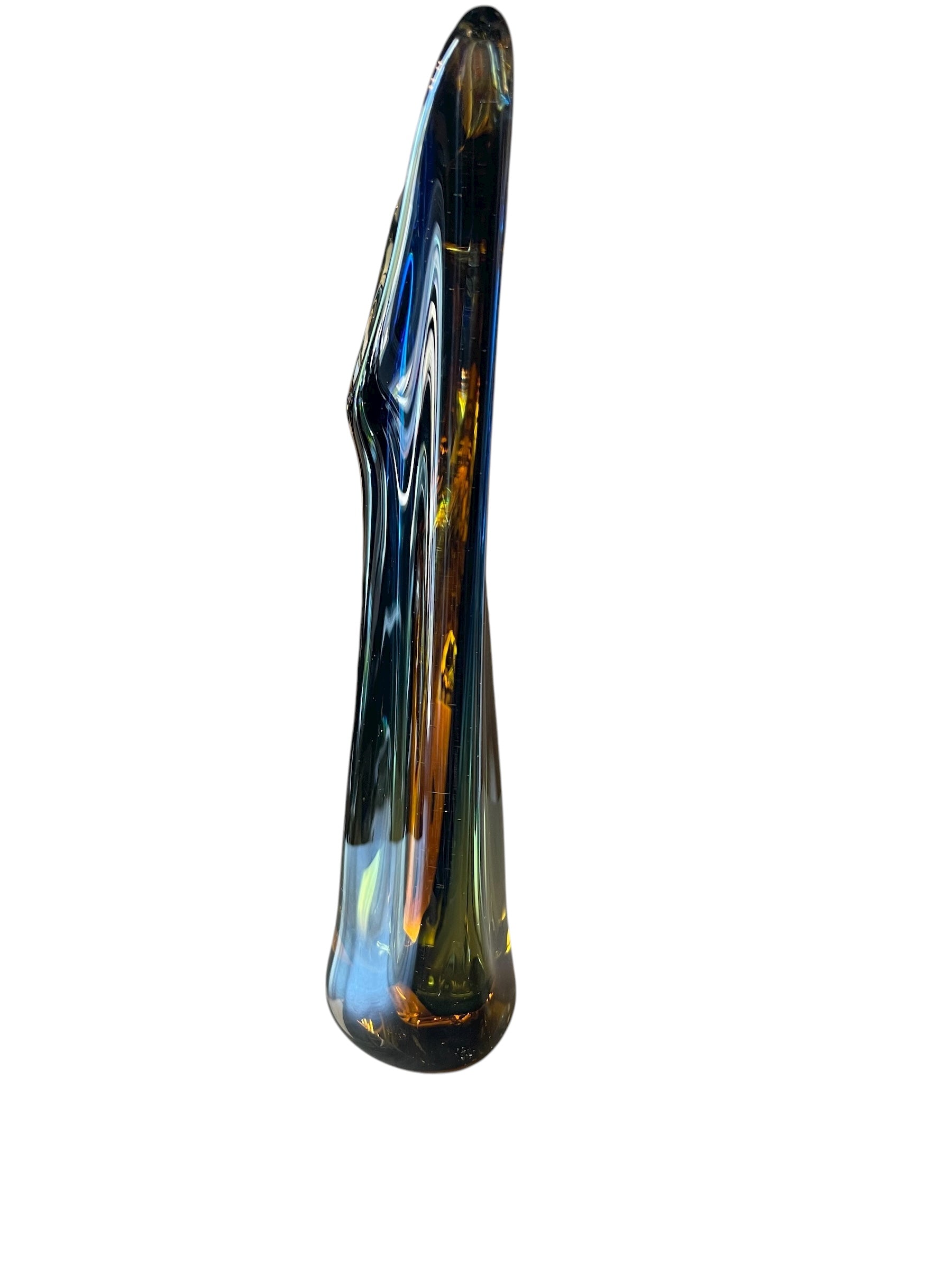 Sculptural art glass vase in the Sommerso style, featuring blue and amber colors encased in a clear glass layer. The vase has a vintage mid-century modern design
