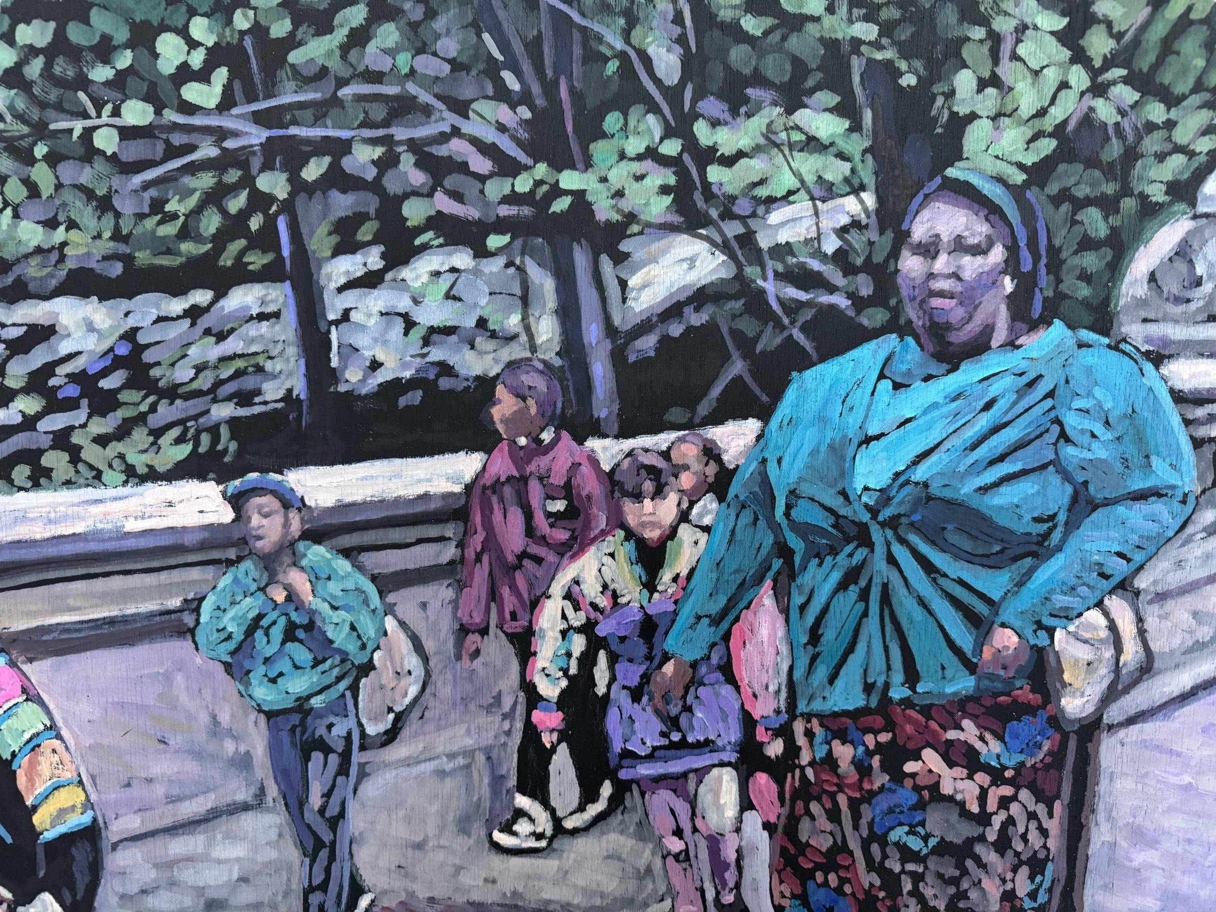 Painting by Evelyn Borchard Metzger, 'School Class, Central Park (Looking Back),' depicting an urban scene with figures and a stroller, rendered in a colorful, impressionistic style.