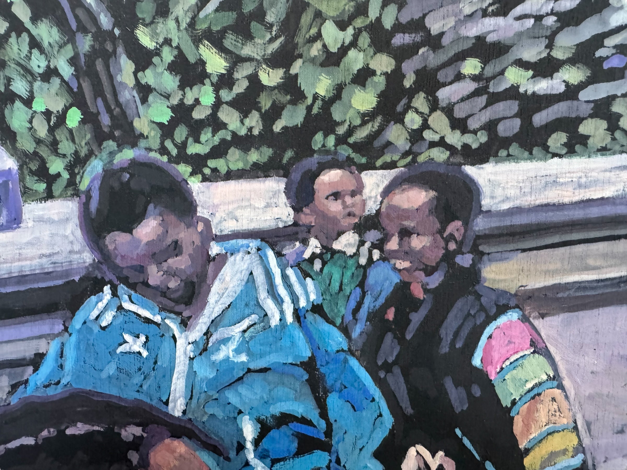 Painting by Evelyn Borchard Metzger, 'School Class, Central Park (Looking Back),' depicting an urban scene with figures and a stroller, rendered in a colorful, impressionistic style.