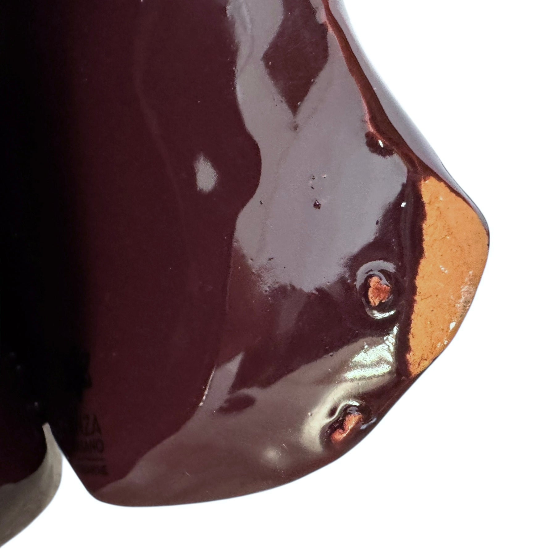 A glossy, dark chocolate brown ceramic bust of a Labrador dog. Created by Enza Fasano, the sculpture features a minimalist, stylized design with smooth, flowing lines and a high-shine glaze that reflects light. The dog’s long ears drape down the sides, and its snout is rounded, capturing the gentle essence of the breed in a contemporary Italian pottery style.