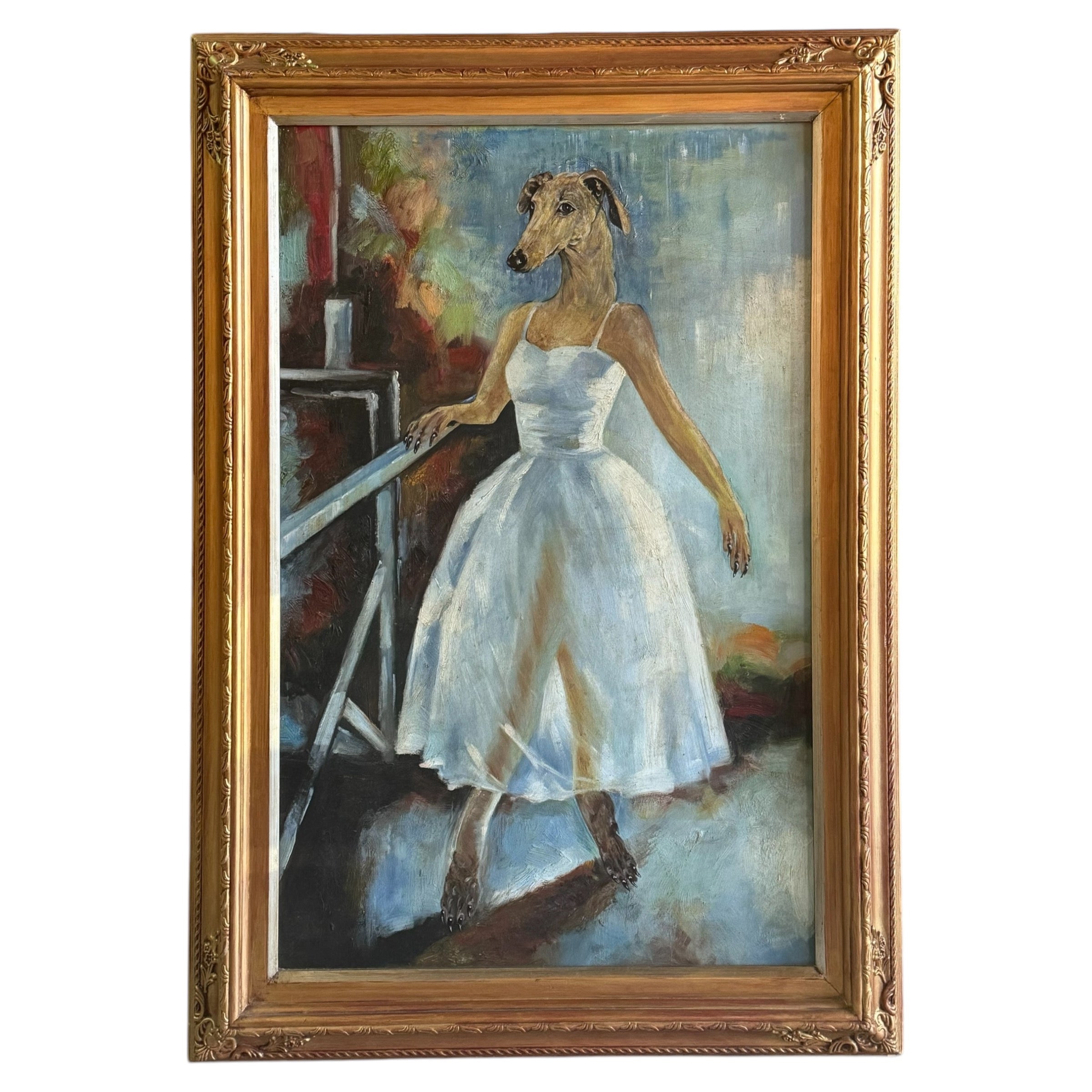 whimsical
wall art
Oil painting
gold frame
Dog
ballet
ballerina
Art
Animal
Painting
painting austin
impressionism
Surrealism
modern figurative art
figurative art
ballet art
dog adorned with a human form in a ballet dress.
dog adorned with a human form
anthropomorphic
