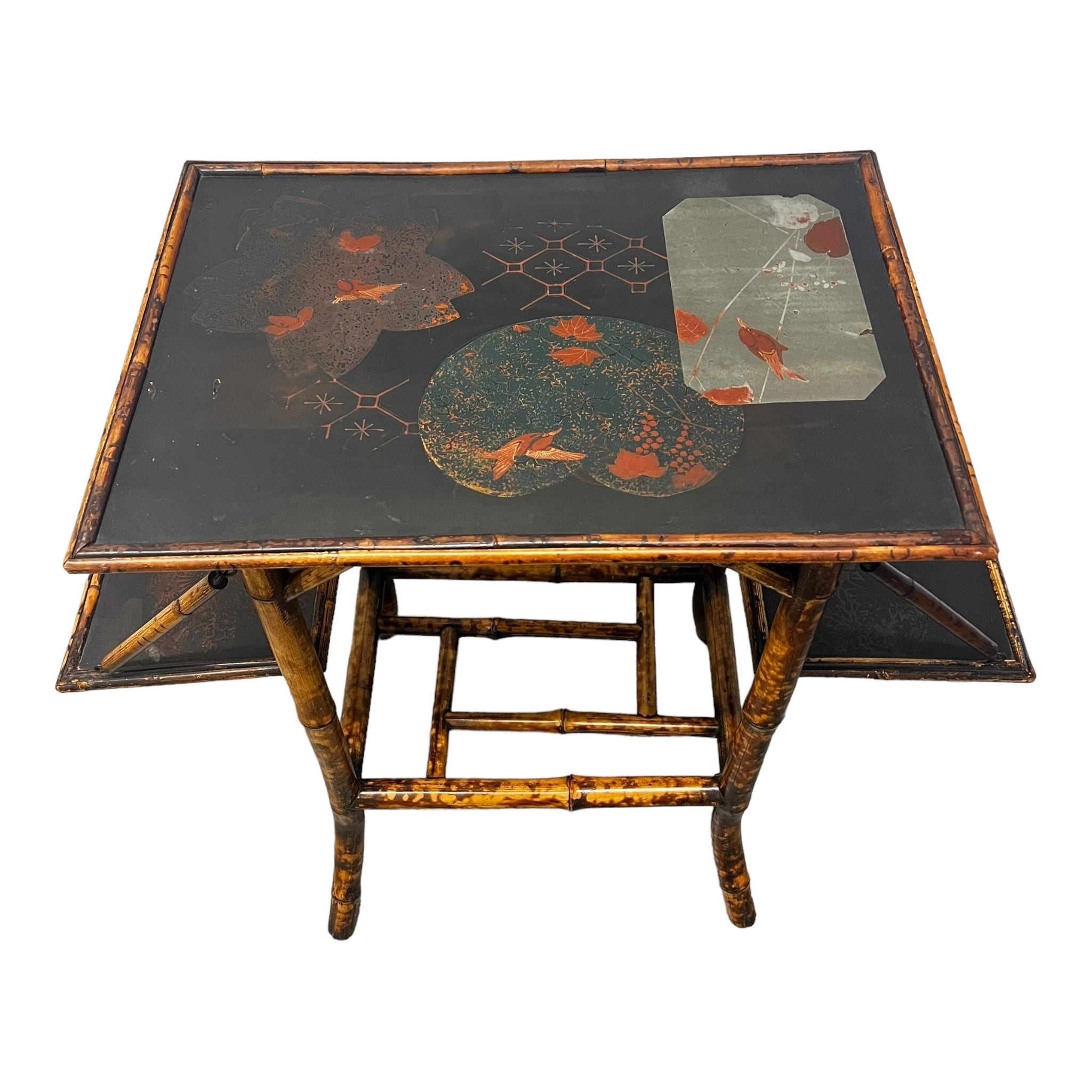 tiger bamboo
tea table
Table
Side table
lacquer
Jappaning
Japanning
end table
Britain
bamboo
antique
19th century
small table
accent table
painted