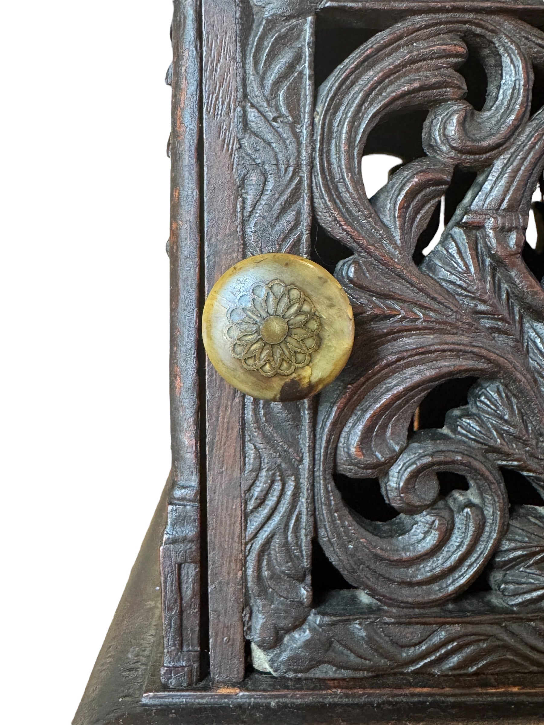 Diminutive Piece Carved Mahogany Cabinet, 19th Century, Mahogany, Cabinet, bird carvings, botanical carvings, sloping integral base, one door, floral motifs, brass door handle