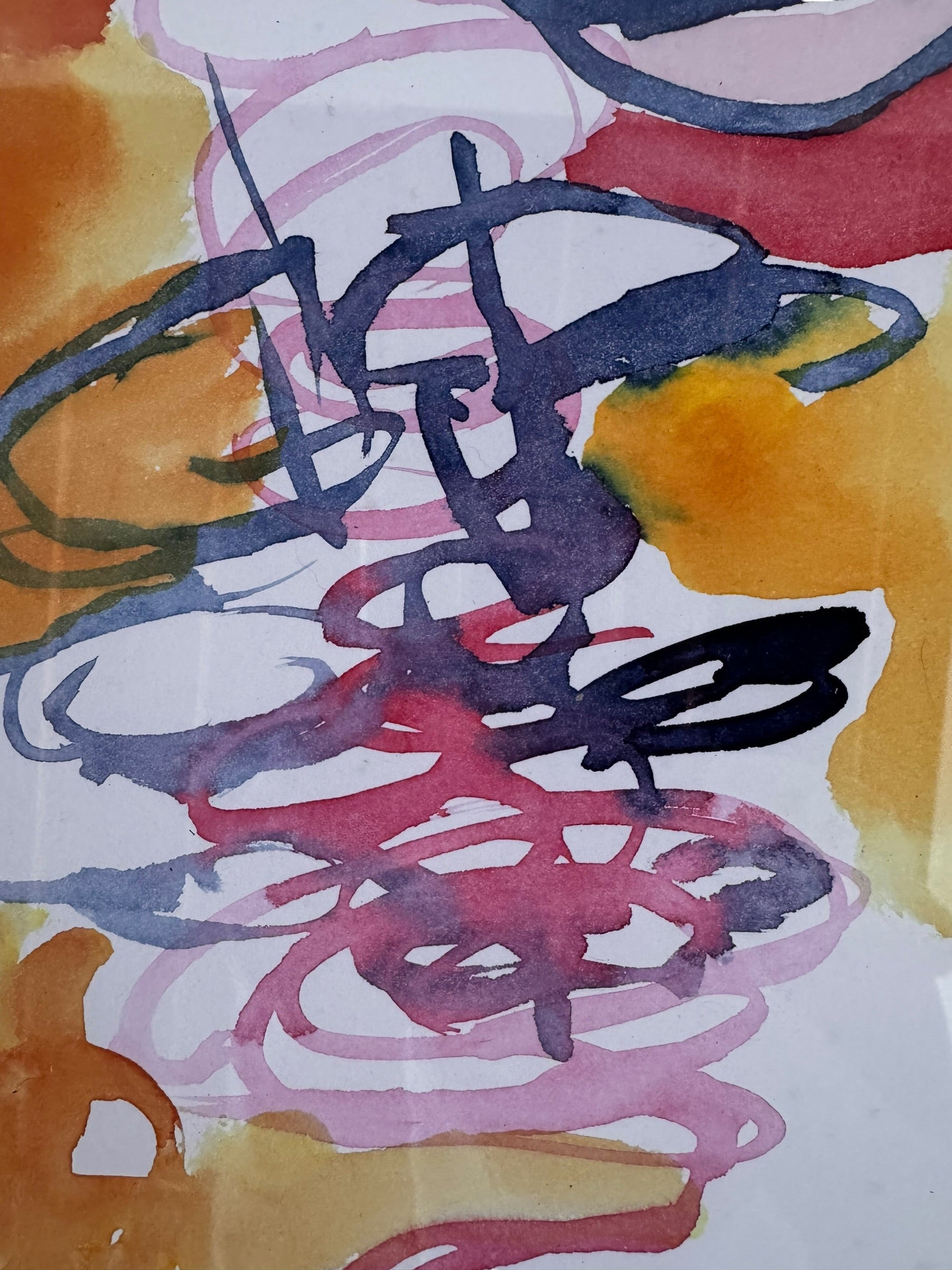 A vertical watercolor painting on paper, framed in a simple dark wood frame. The piece consists of a lively arrangement of gestural, loopy shapes and washes in a warm palette of apricot, magenta, and deep navy blue. The shapes are layered and translucent, with some areas featuring saturated "blooms" of color and others showing thin, wiry line work. The artist's signature and the year '97 are visible in the bottom right corner.