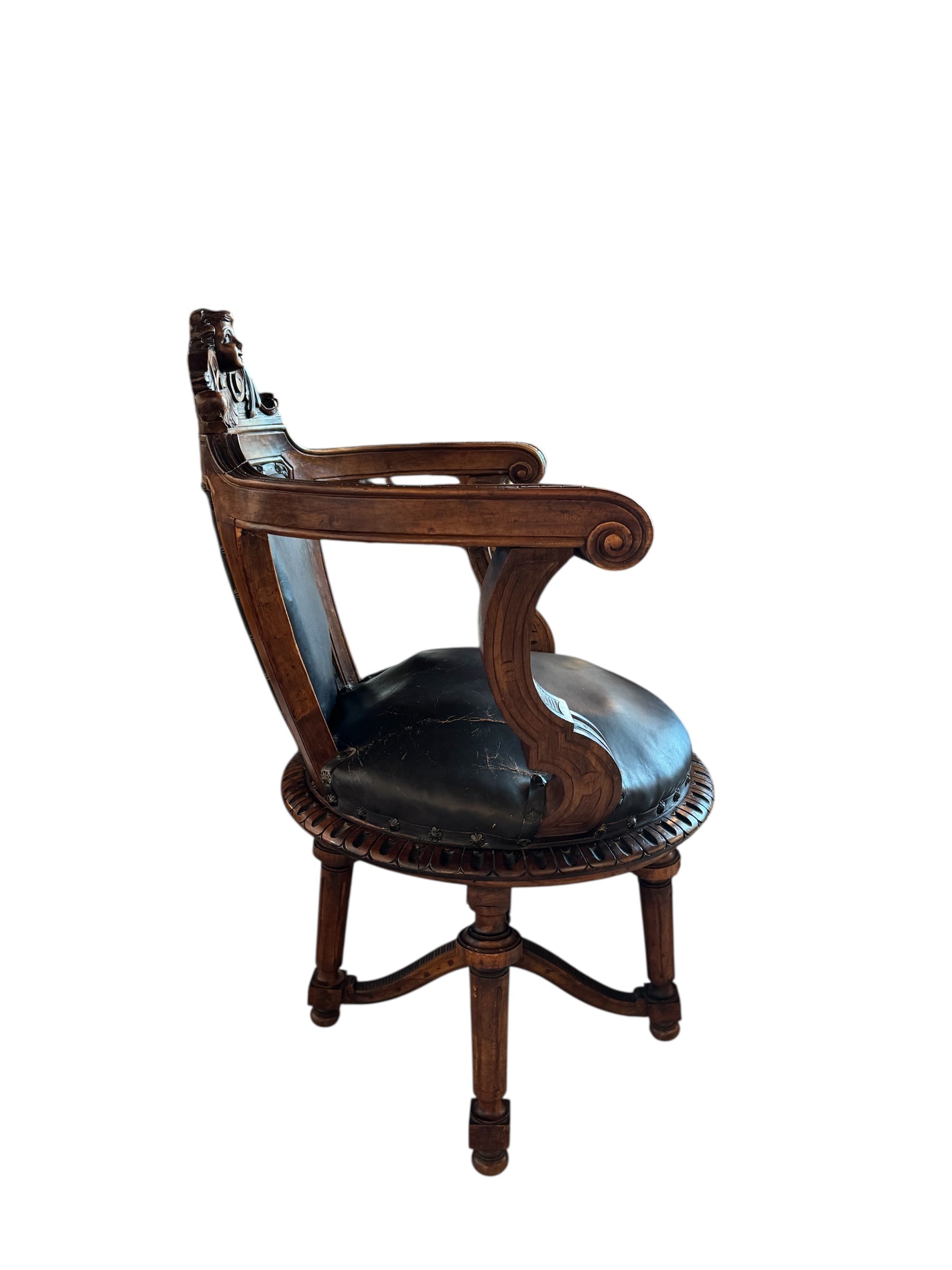 Antique French carved chair 
Figural crest walnut desk chair 
19th-century French leather swivel 
Vintage wood office chair sale
Antique french wooden chair
Carved walnut
Leather seat
Swivel base
Figural crest
Antique chair
French design
Desk chair
19th-century
Antique
Vintage
French
Carved
Walnut
Swivel
Desk chair
Leather
Upholstered
Ornate
Figural
Wood
Nineteenth-century
Office
Patinated
Decorative
Unique
