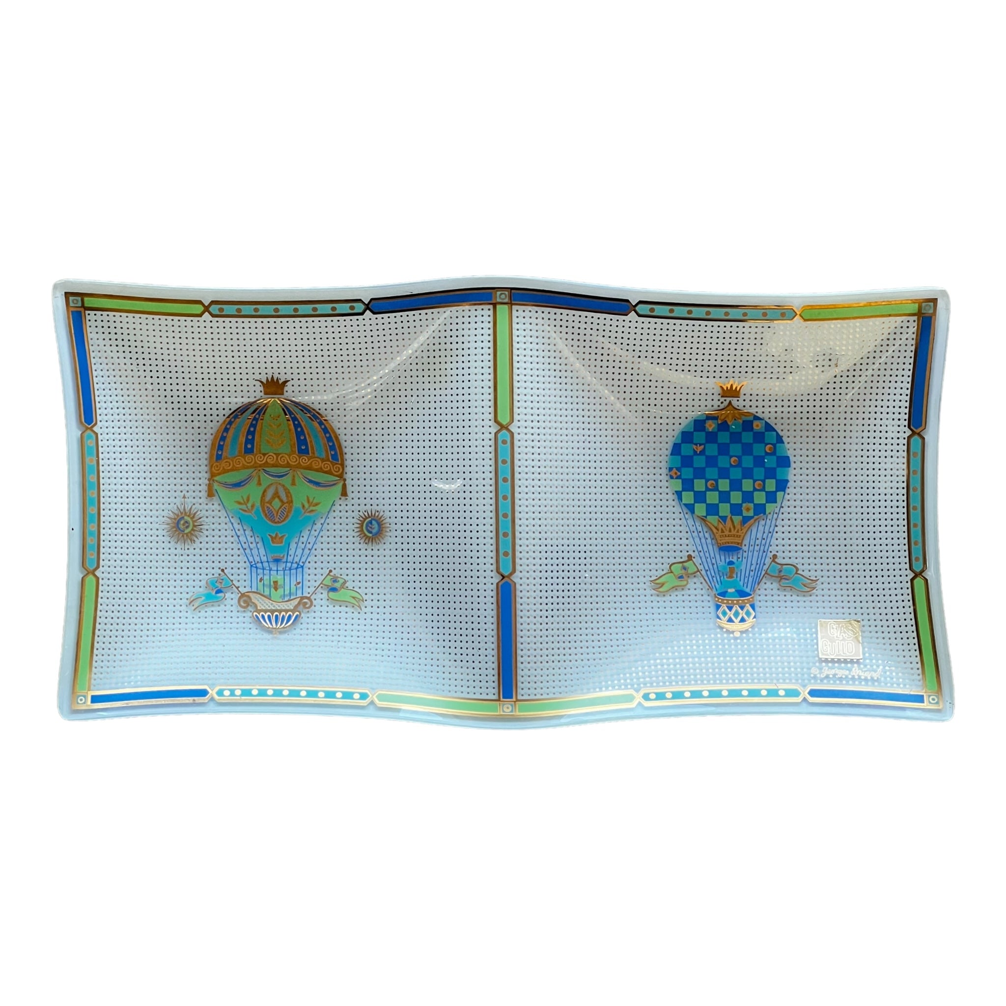 whimsical
tray
tabletop
Table Top
platter
mid century modern
Mid century
metallic
hot air balloon
Gold
Glass
Georges Briard
blue and white
1950s
decorative
decorative bowl
decorative tray