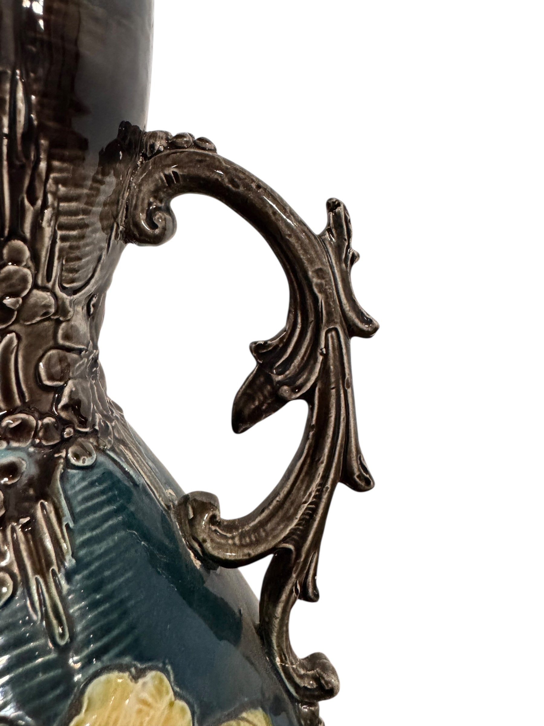 French Art Nouveau Faience Glazed Vases with flower motifs, and thorny wood handles