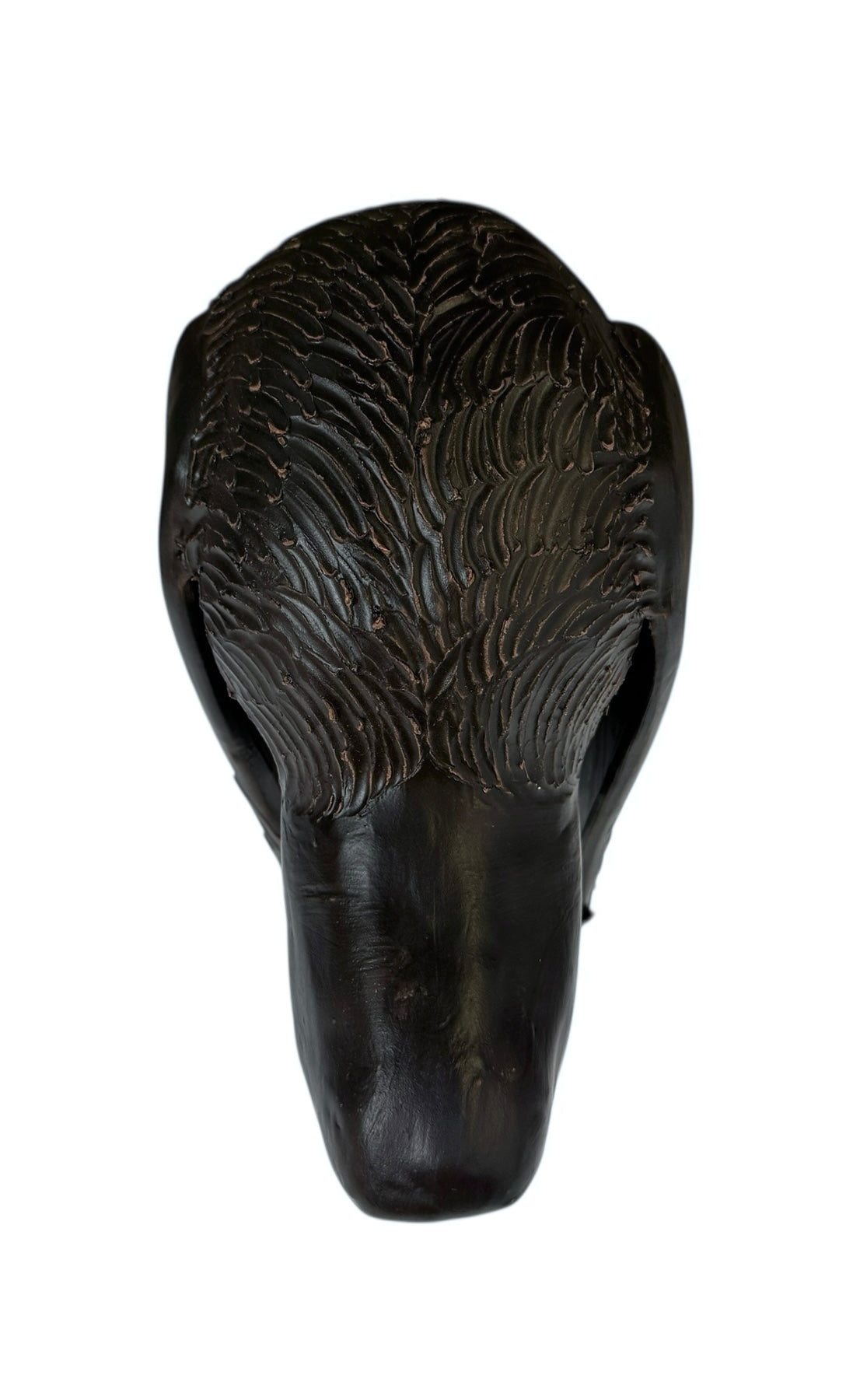 A dark, chocolate-brown ceramic sculpture by Enza Fasano depicting the stylized head of a hunting dog, such as a pointer or hound. The piece features a smooth, elongated snout and large, floppy ears with a textured, feathery finish that contrasts with the sleek crown of the head. The minimalist design emphasizes the dog's elegant profile and long neck.